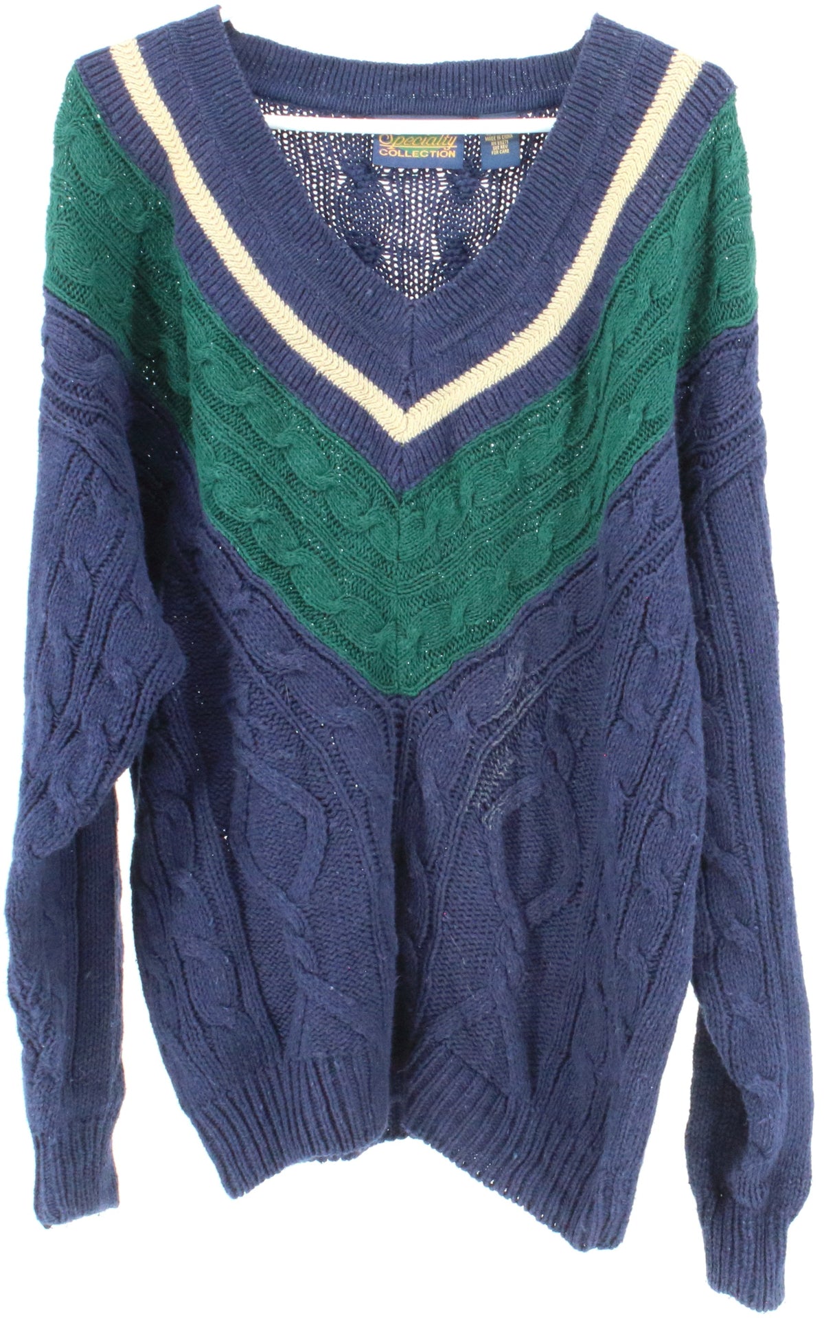 Specialty Collection Navy Blue Green and Beige V Neck Sweater