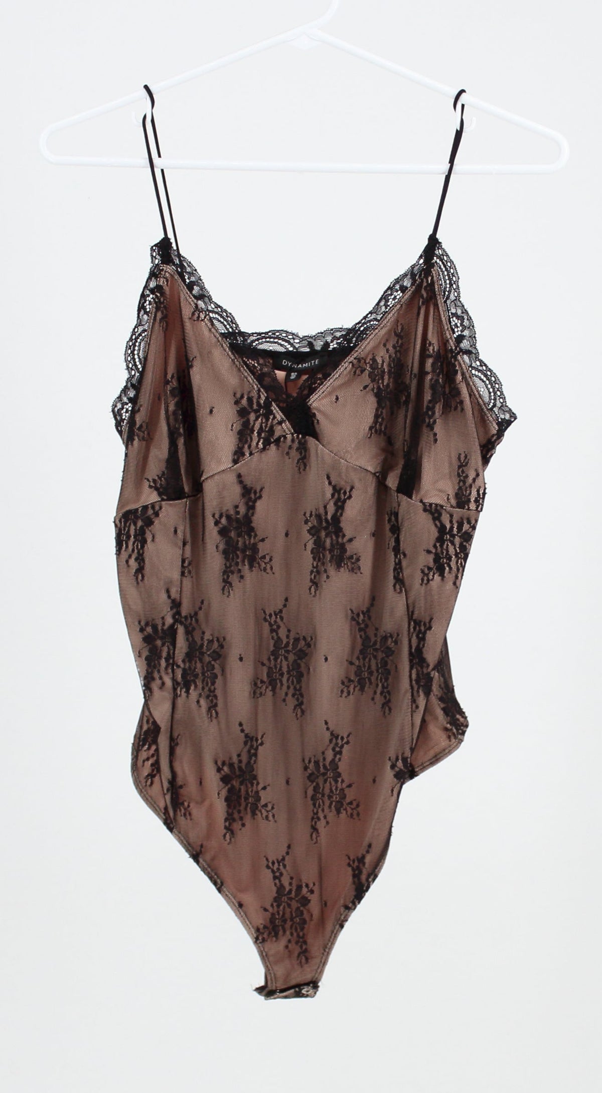 Dynamite deep v-neck black lace body suit with sheer beige lining