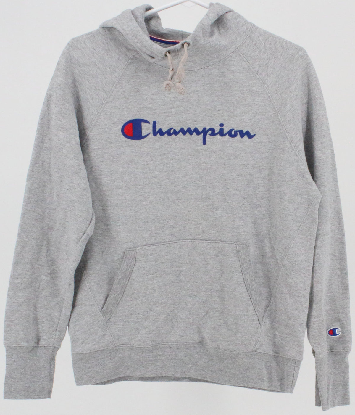 Champion Light Grey With Front Blue Logo Hooded Sweatshirt