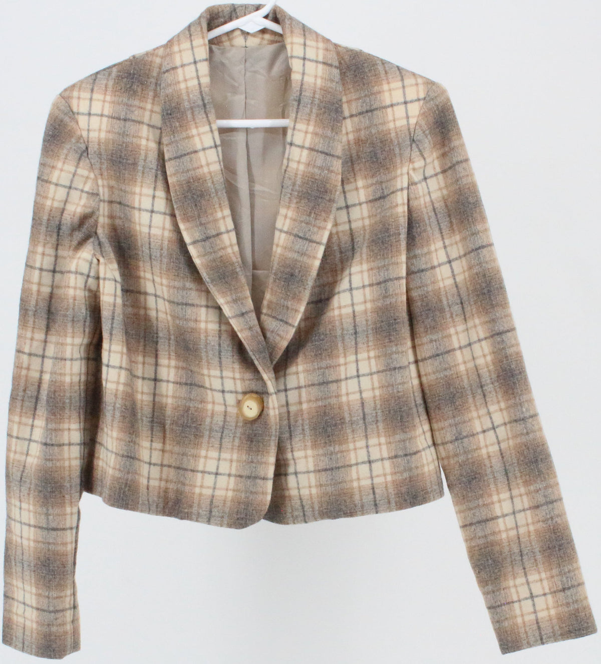 Beige Grey and Off White Plaid Cropped Blazer