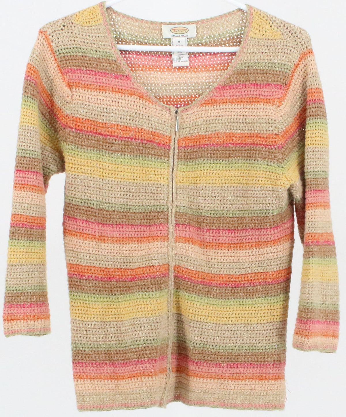 Talbots Hand Knit Beige and Multicolor Striped Zip Sweater