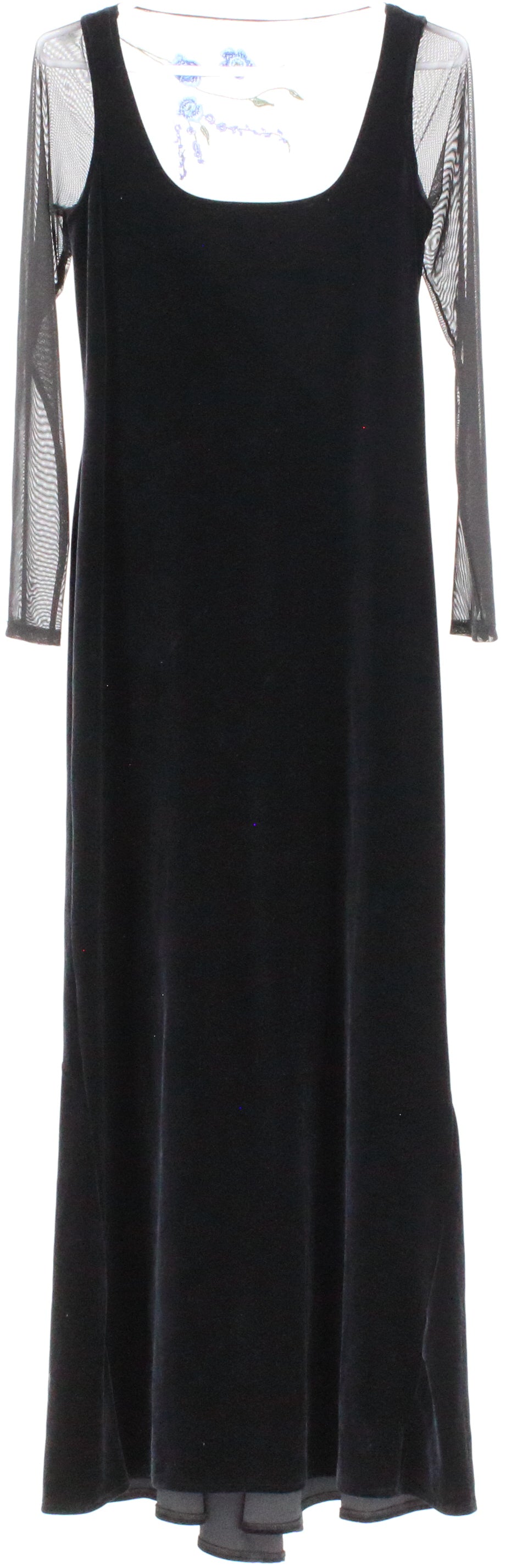 Black Long Velvet Dress With Embroidered Tulle