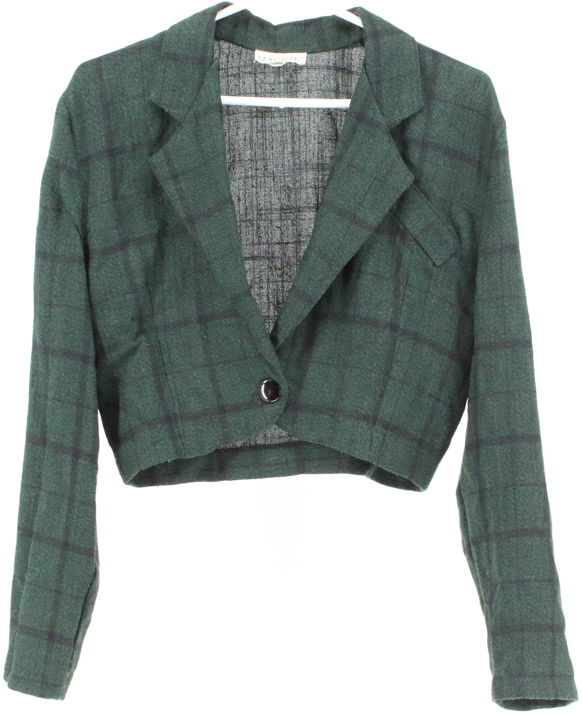 Just Maggie Green and Black Checkered Cropped Blazer