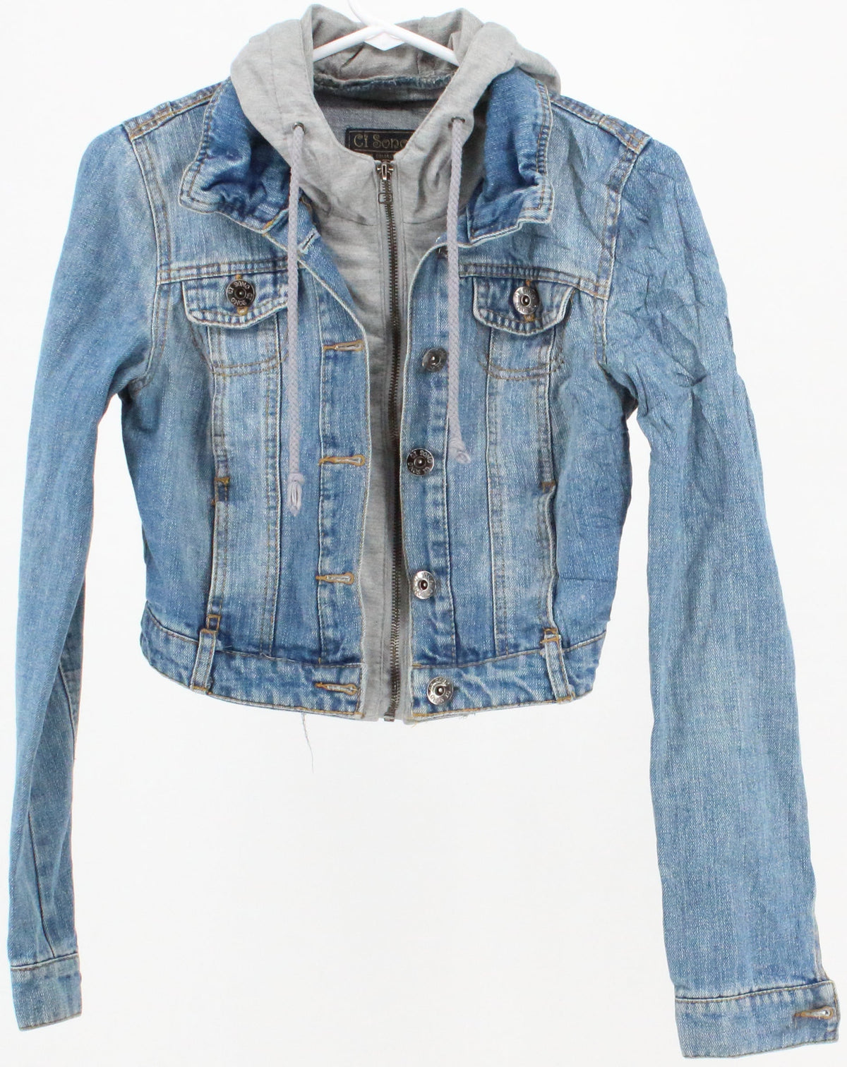 Ci Sono Blue Cropped Denim Jacket With Grey Hood