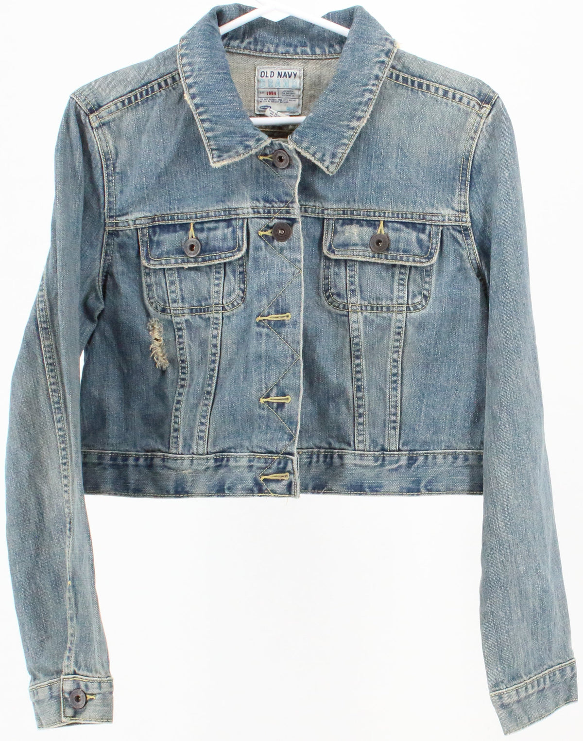 Old Navy Distressed Mid Blue Wash Cropped Denim Jacket