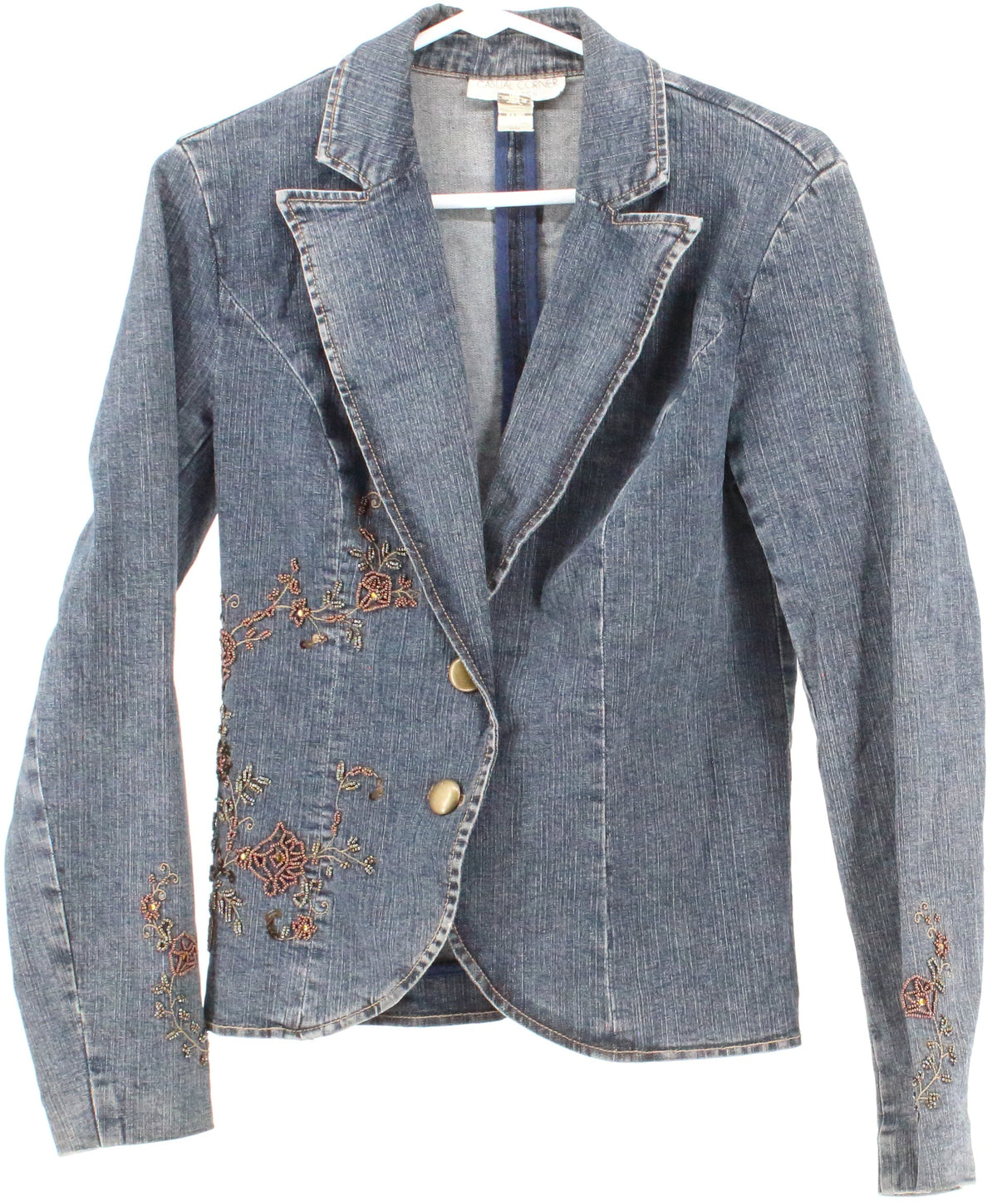 Casual Corner Stretch Embroidered Blue Wash Denim Blazer