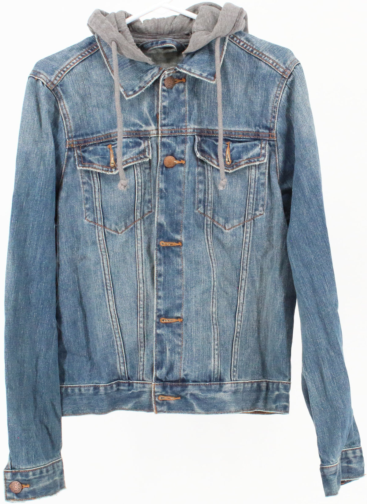 Hollister Blue Denim Jacket With Grey Hood