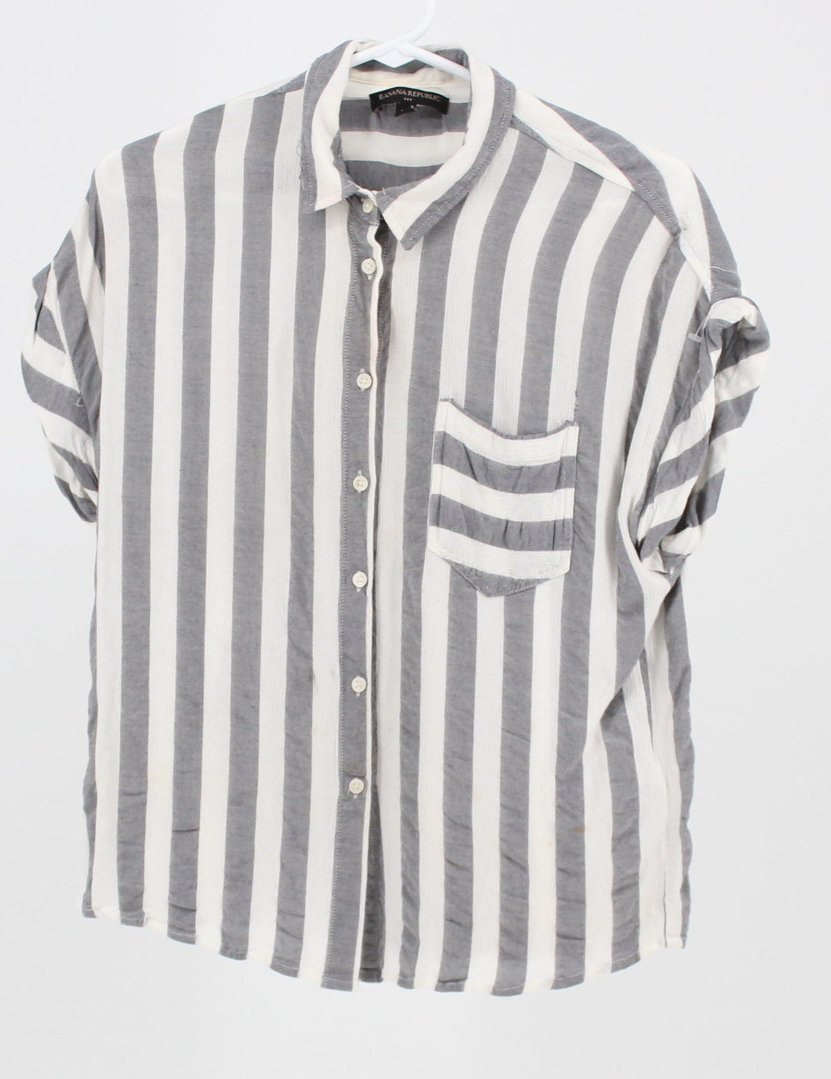 Banana Republic grey and white striped short sleeve button up with front pocket