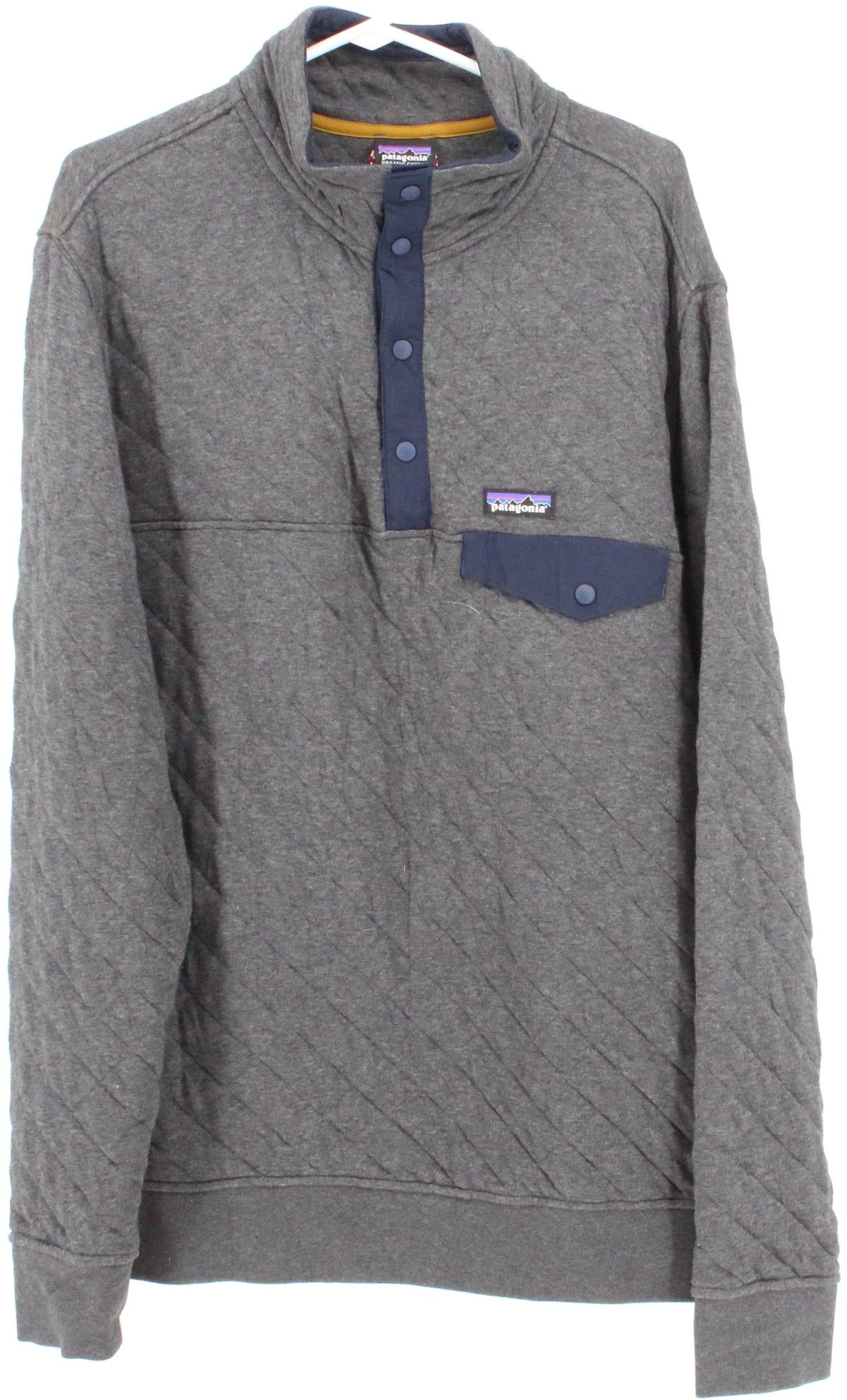 Patagonia Textured Grey and Navy Blue Long Sleeved Buttons T-Shirt