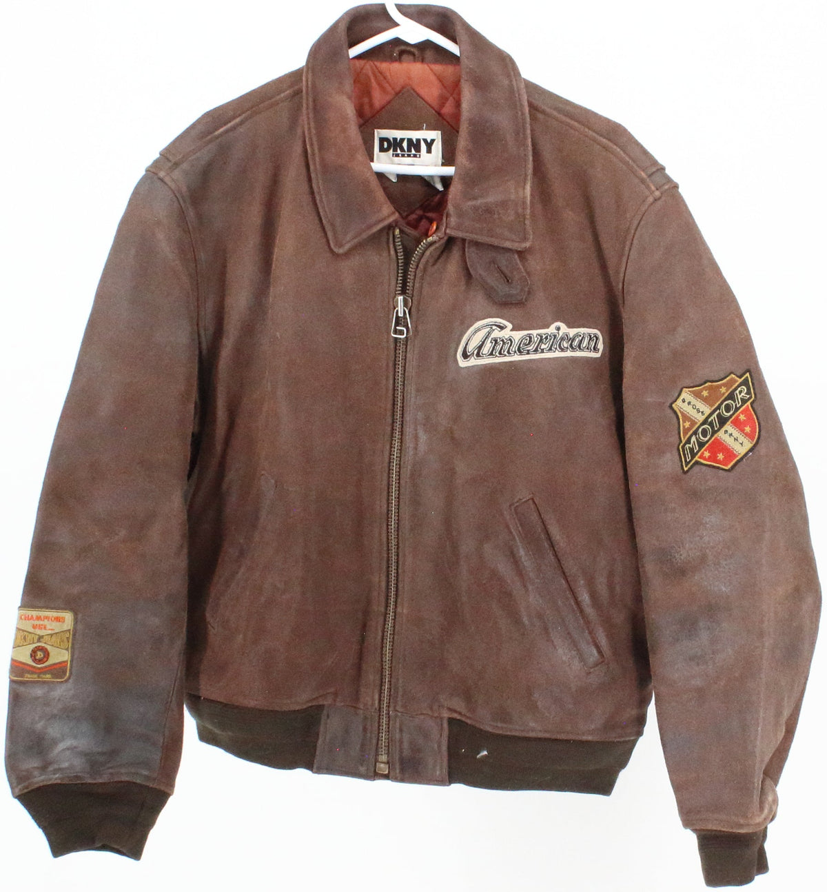 DKNY Jeans Brown Men's Motor Leather Jacket With Patches