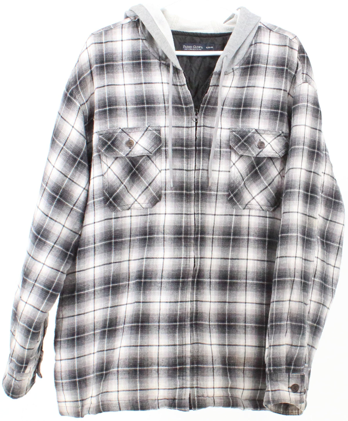 Faded Glory White and Black Plaid Hooded Shirt With Quilt Lining