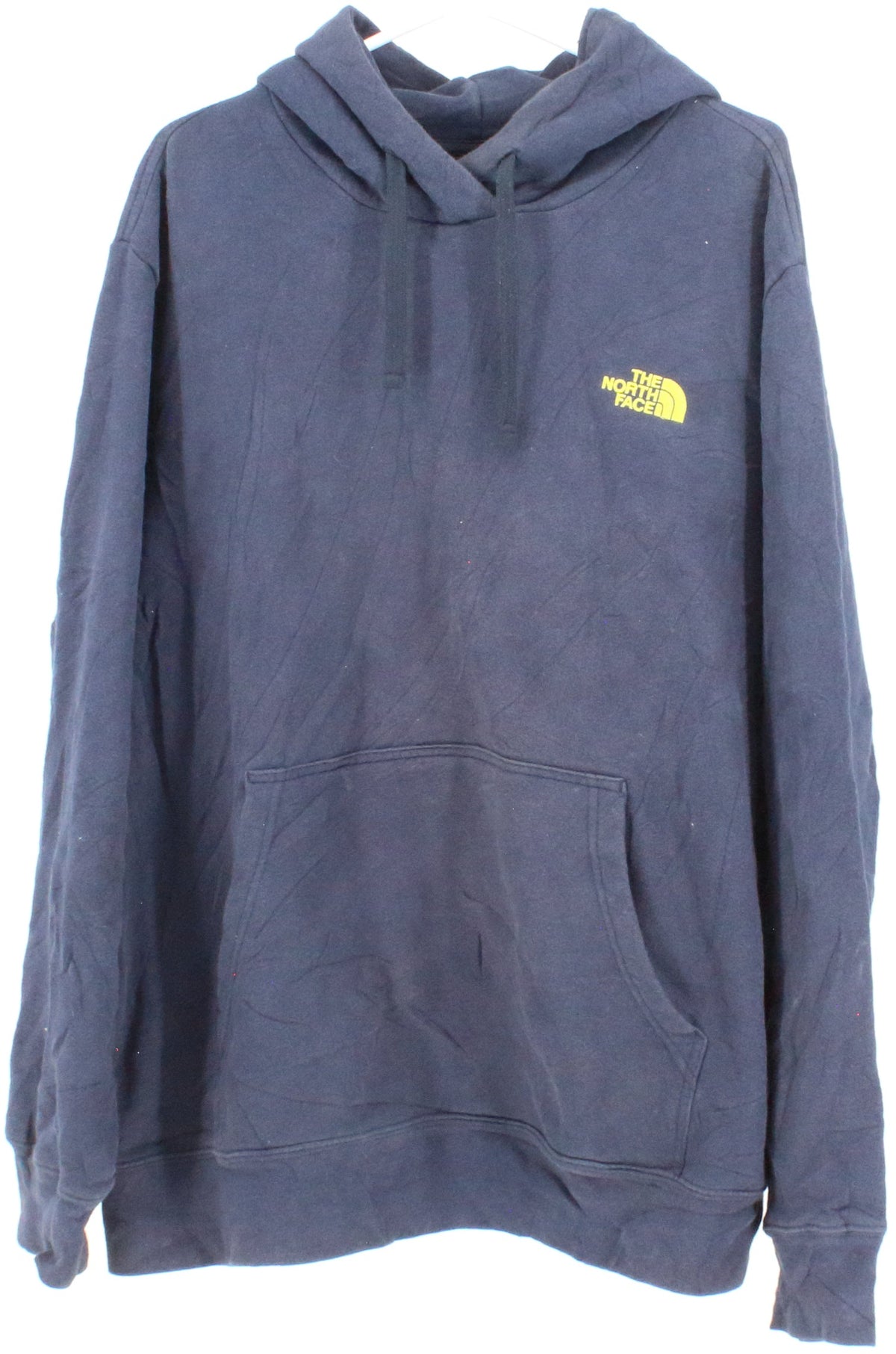 The North Face Navy Blue Hooded Sweatshirt With Small Yellow Front Logo