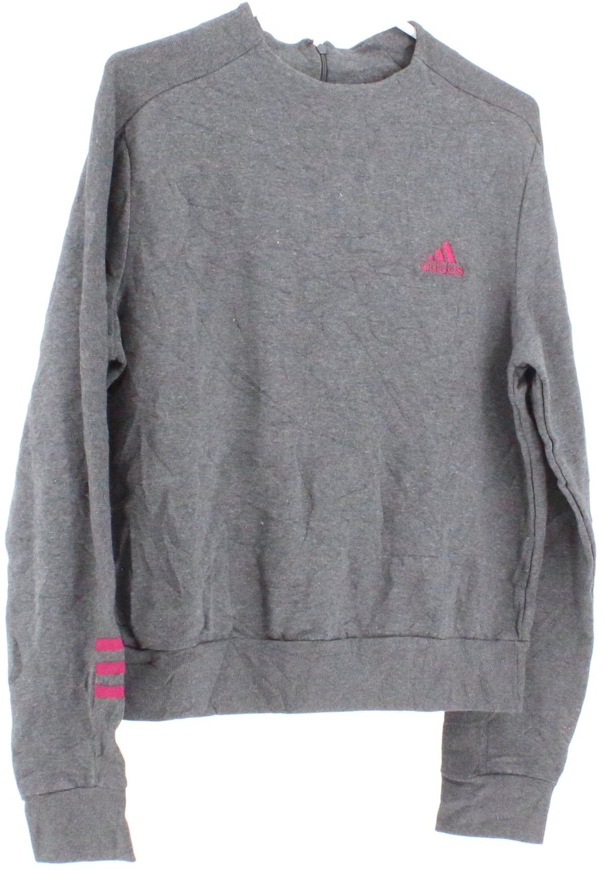 Adidas Dark Grey Sweatshirt With Magenta Small Stripes On Sleeves