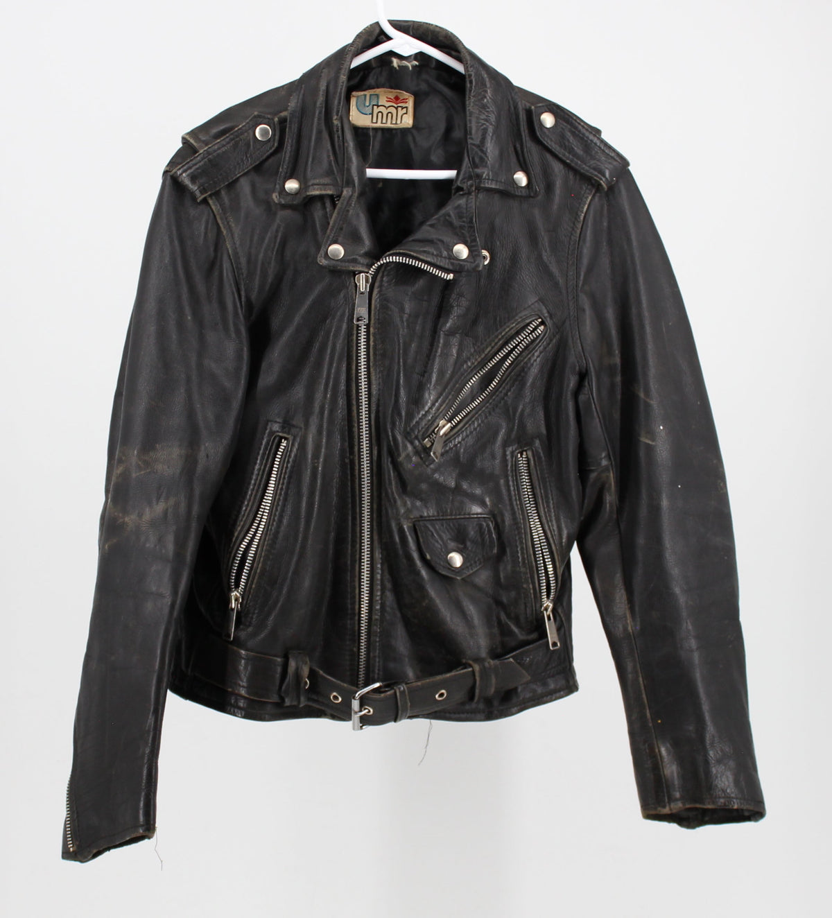 UMR black genuine leather jacket with zippers at front