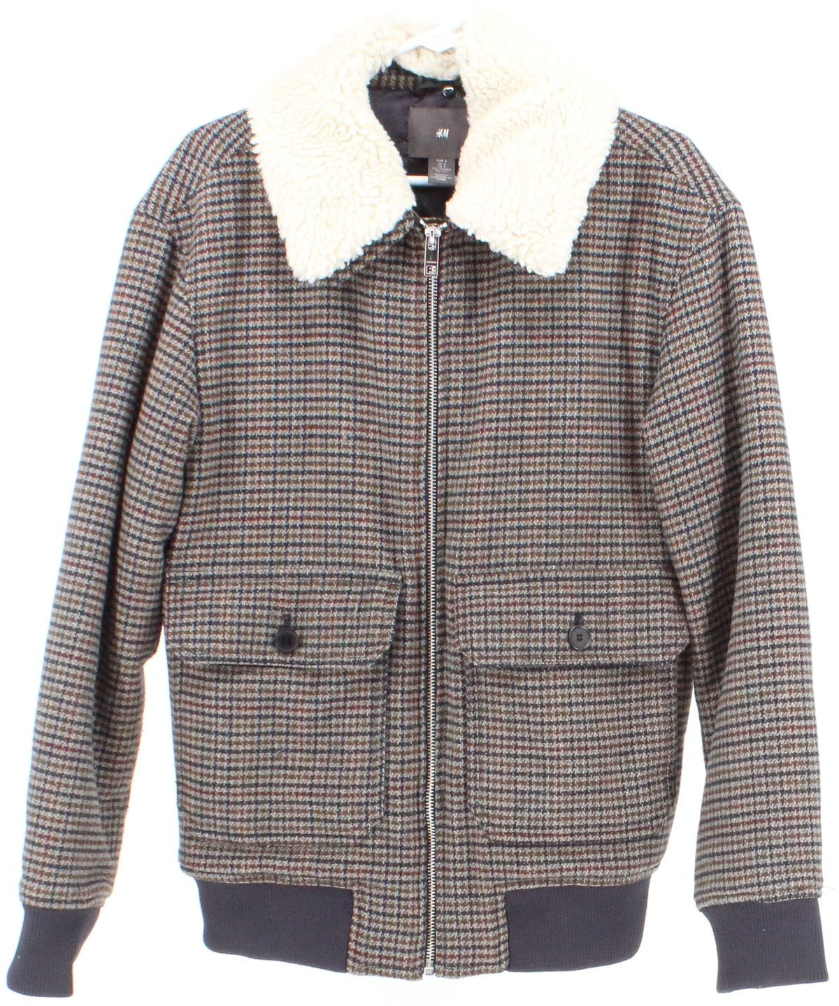 H&M Navy Blue and Brown Plaid Jacket With Sherpa Collar