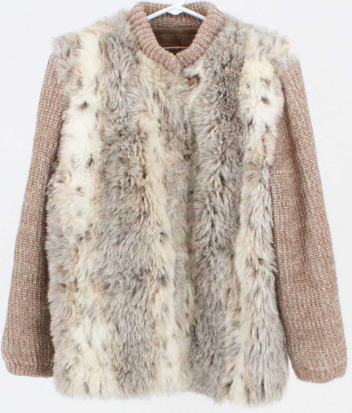 Style VI Ltd. Beige Faux Fur Jacket With Knit Sleeves