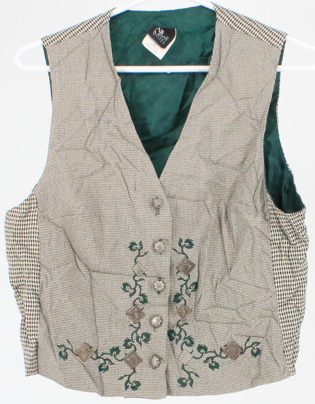 Ali Miles Green and Beige Plaid Embroidered Vest
