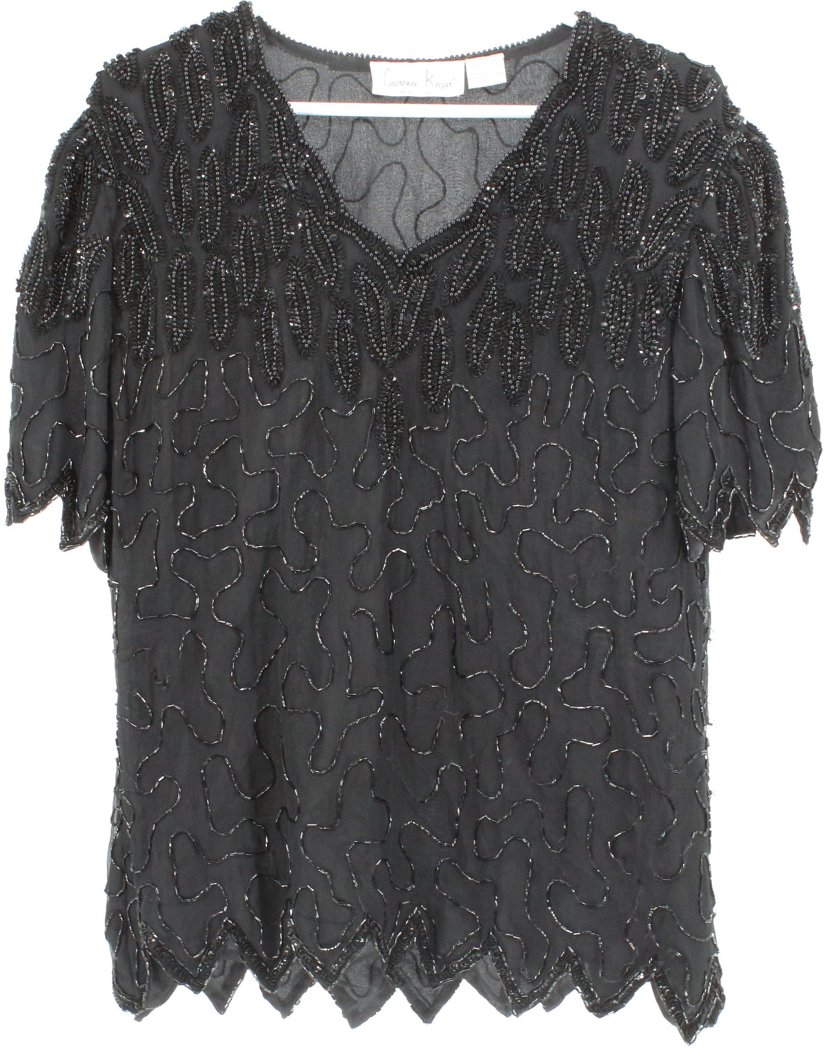 Laurence Kazar Black Embroidered V Neck Top