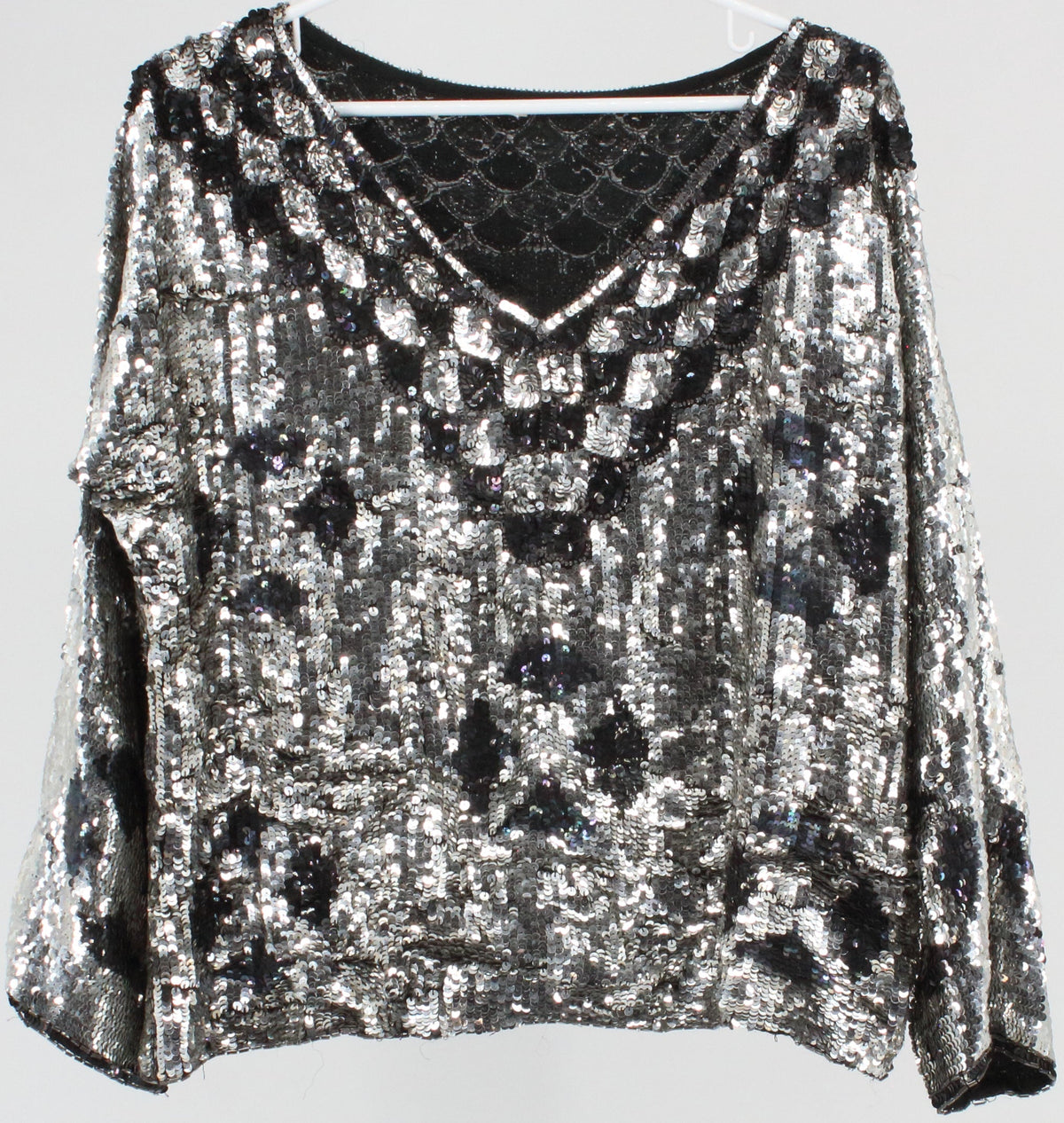 Silver and Black Sequins V Neck long Sleeve Top