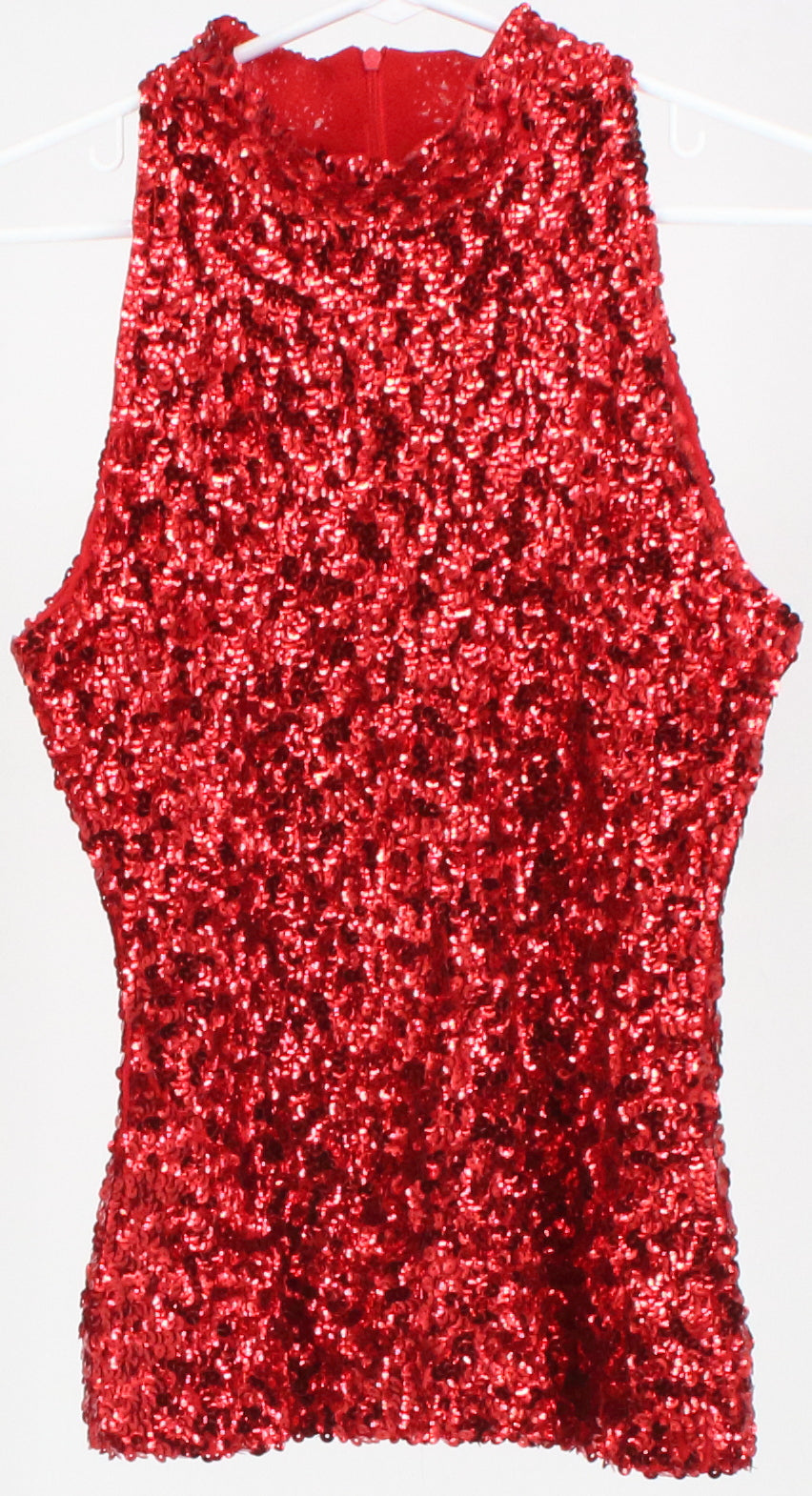 Alexandra Collection Red Mock Neck Sequins Sleeveless Top