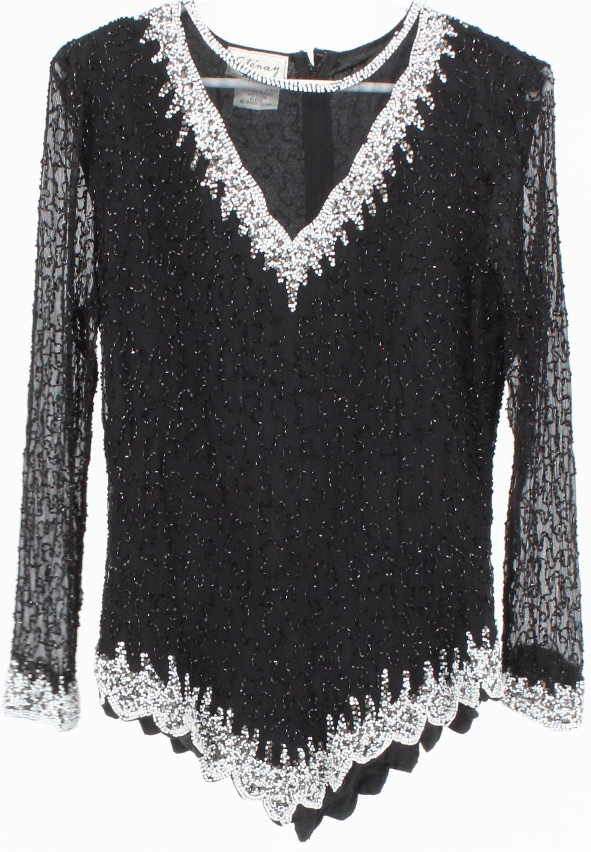 Stenay Black and White Embroidered Long Sleeve V Neck Top