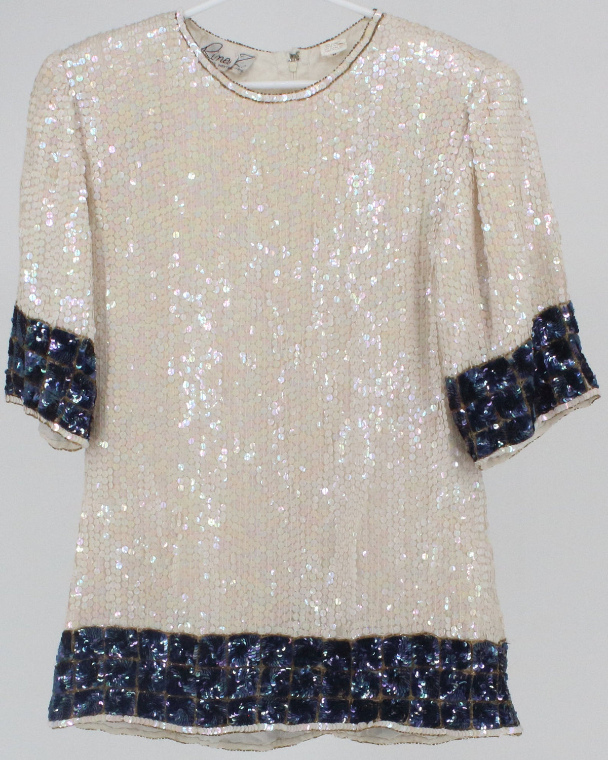 Rina Z Off White and Blue Hologram Sequins Top