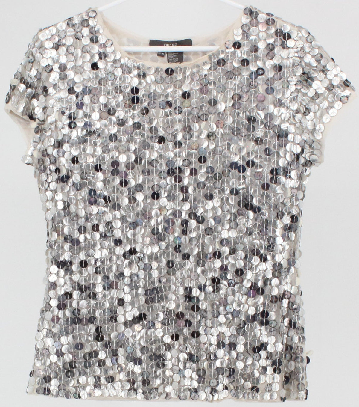 Per Se Silver Sequins Short Sleeve Top