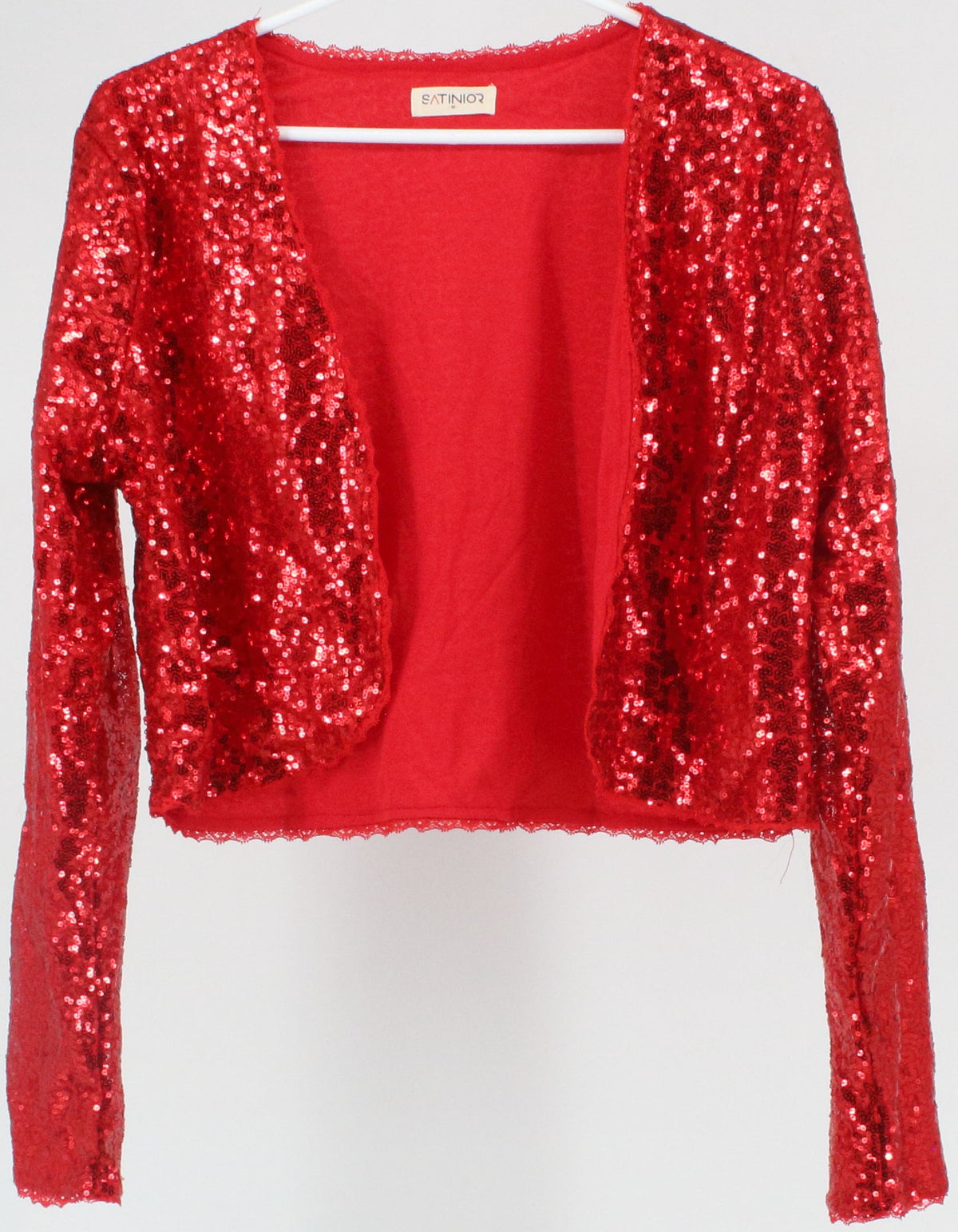 Satinior Red Sequins Open Front Long Sleeve Crop Top