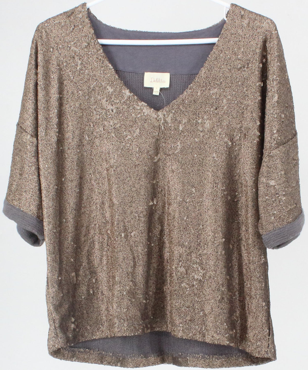 Deletta Dark Beige V Neck Sequins Top