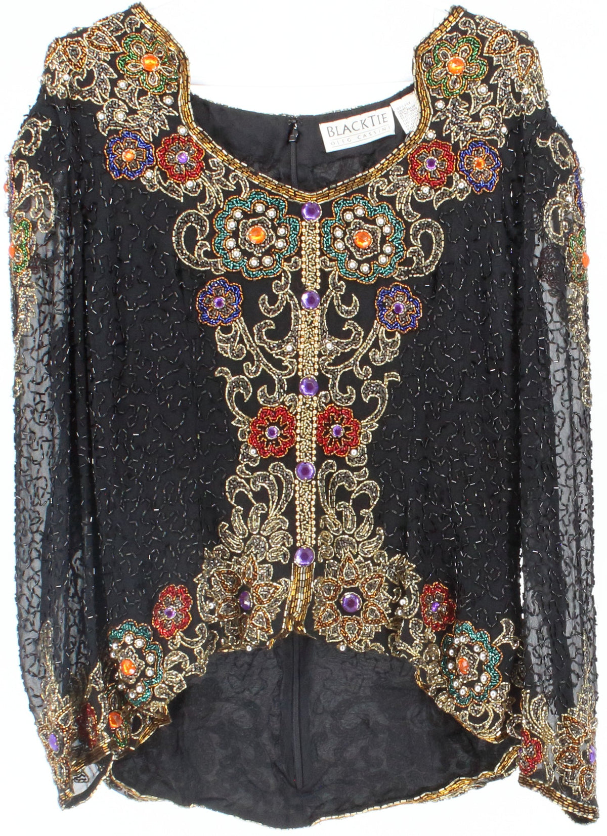 Black Tie Oleg Cassini Black and Gold Embroidered Long Sleeve Top