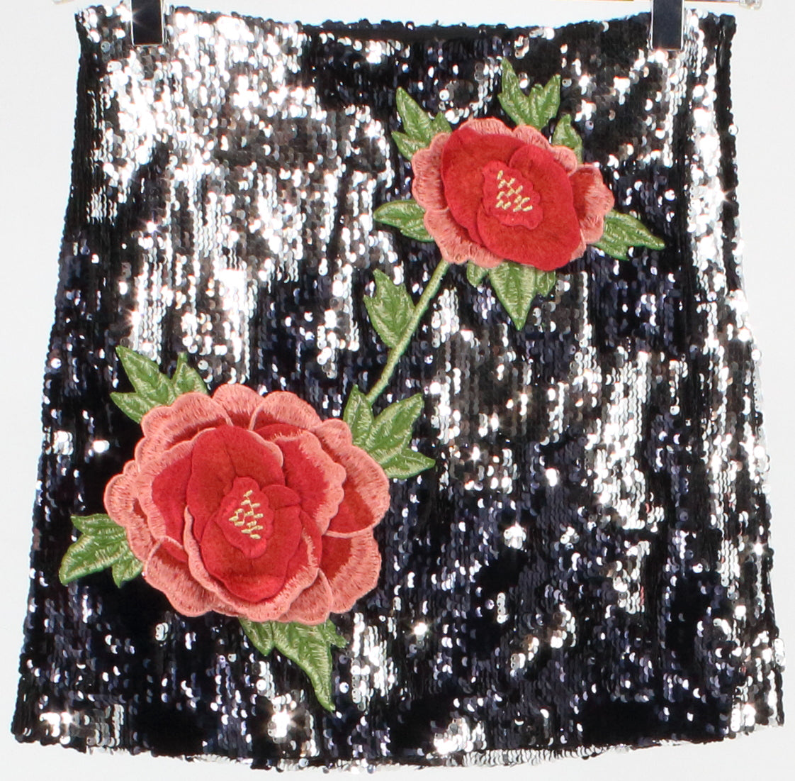 Forever 21 Black and Silver Sequins Skirt With Front Flowers