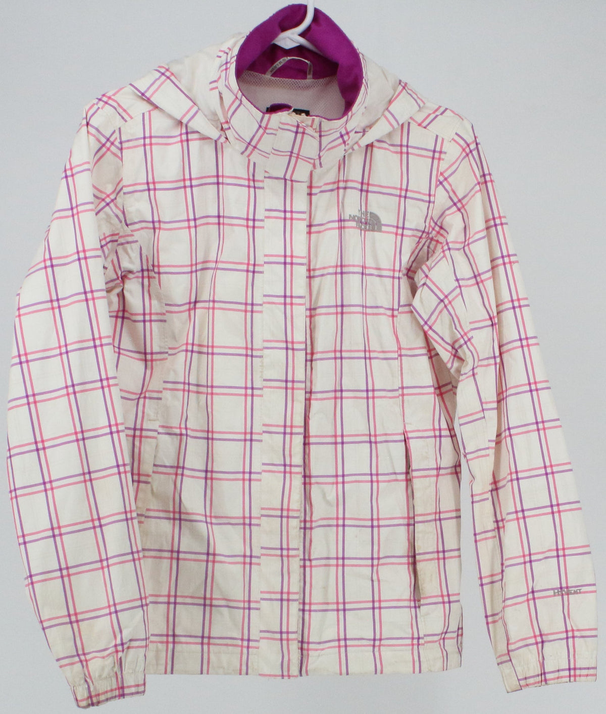 The North Face HyVent White Pink and Purple Plaid Hooded Women's Jacket