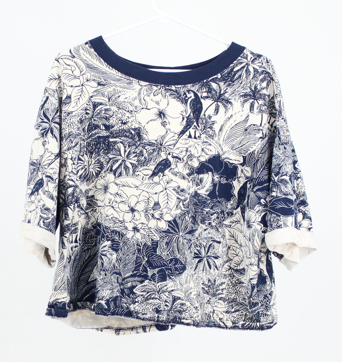 Old Navy White and Navy Blue Tropical Print Shirt
