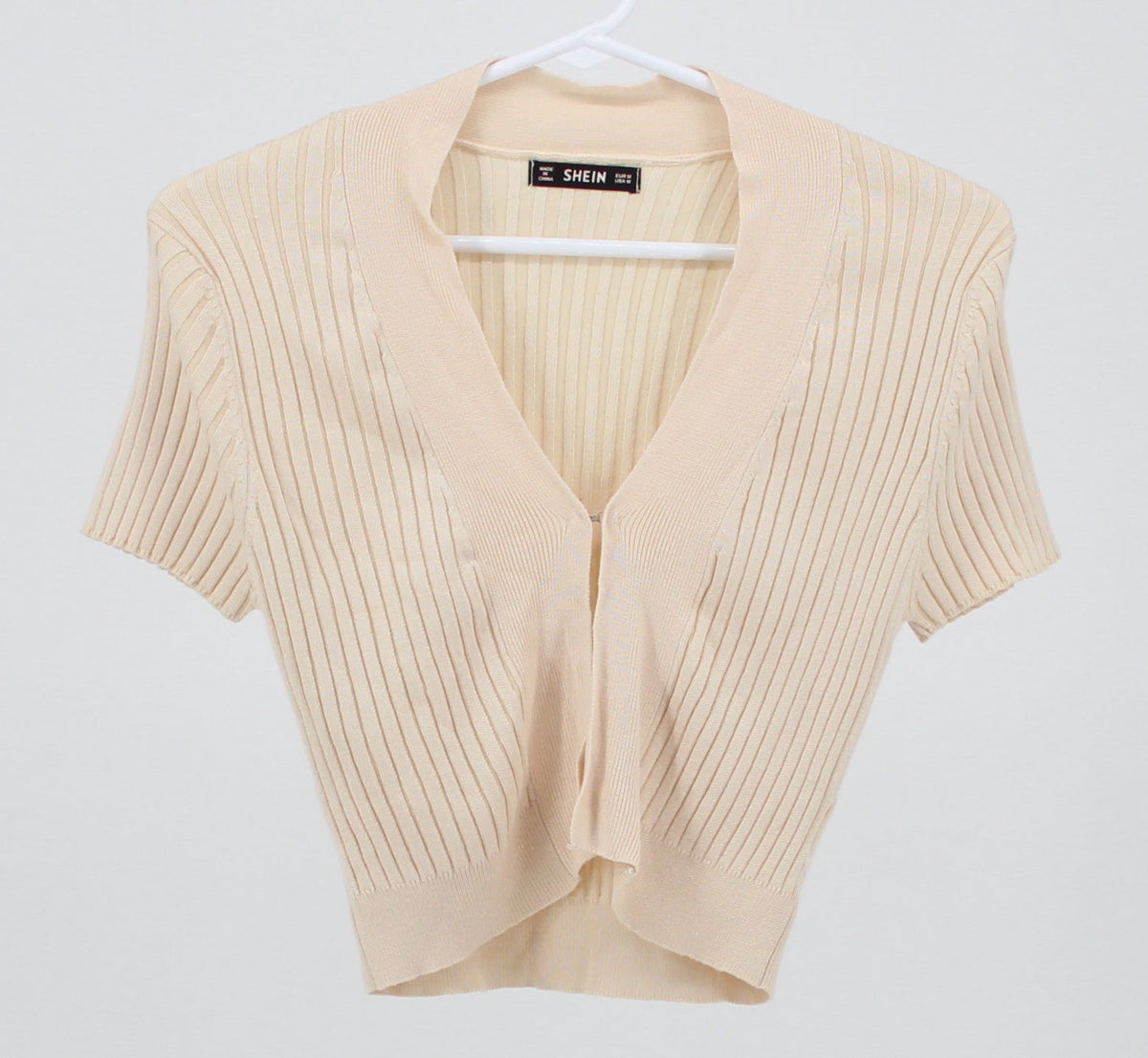 Shein Cream Ribbed Cropped Front Clasp Cardigan