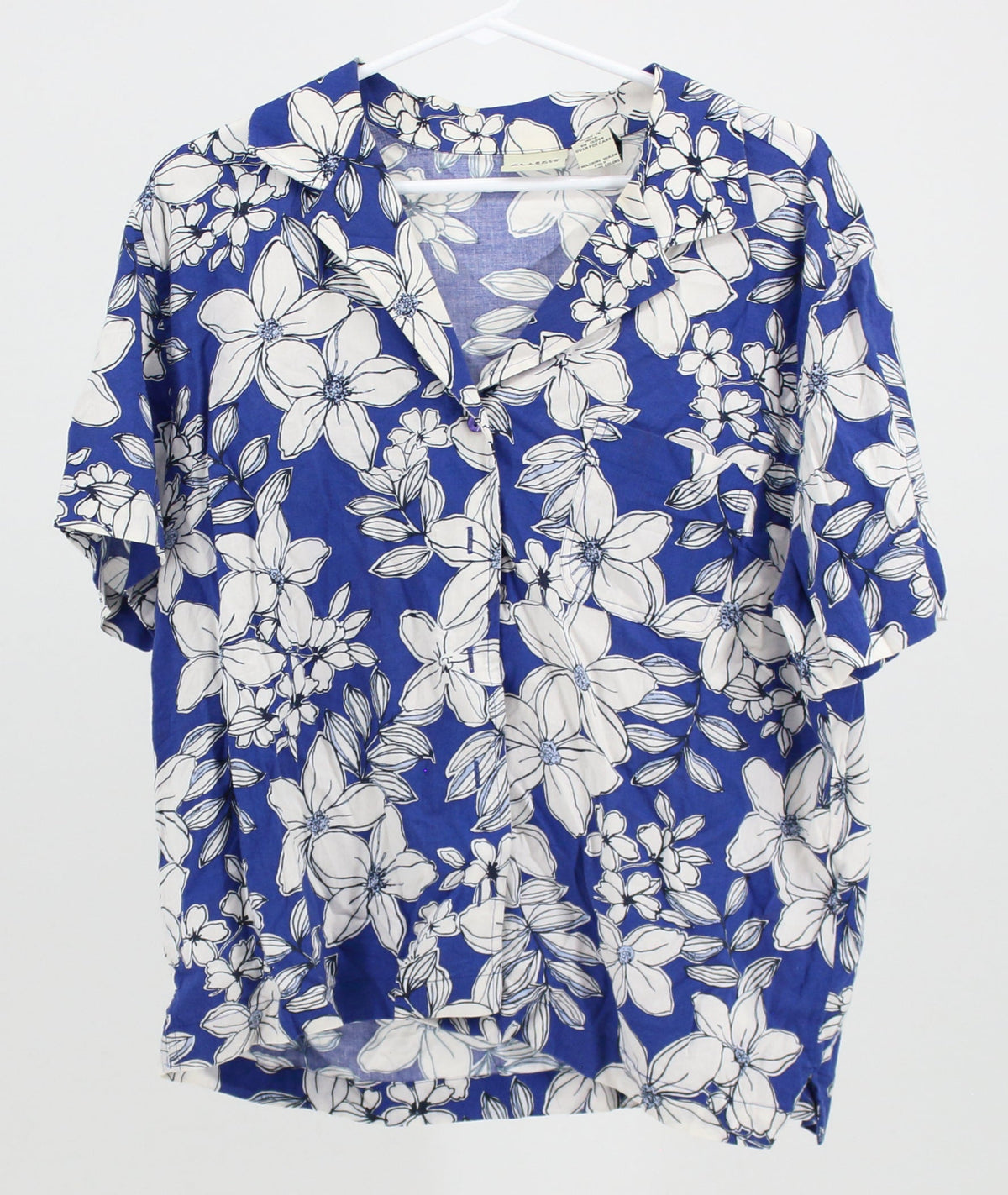 Classic Elements Blue and White Floral Deep V Neck Button Up Shirt