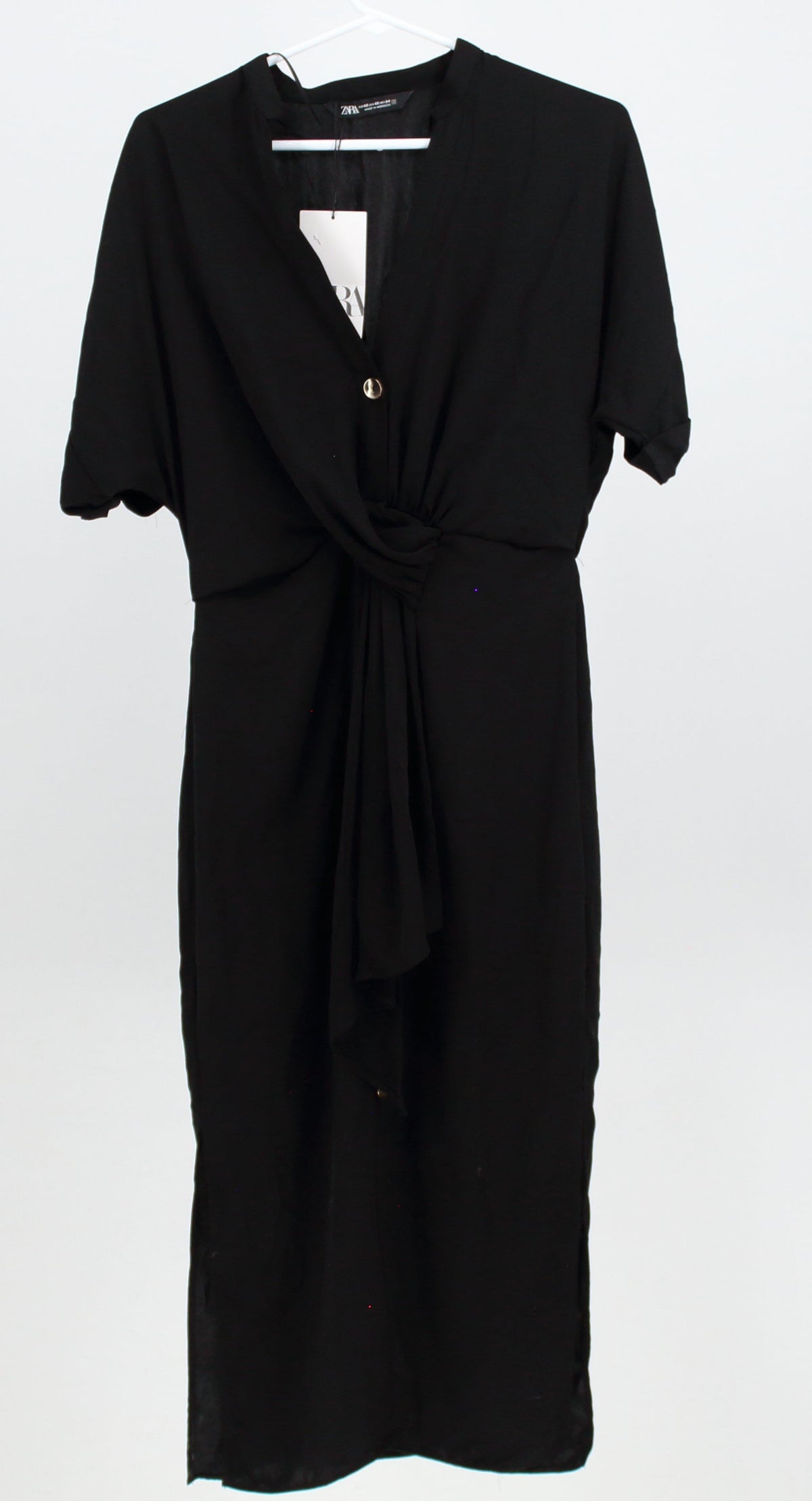 Zara Black Deep V Neck Button Closure with Waist Band and Knot at Front