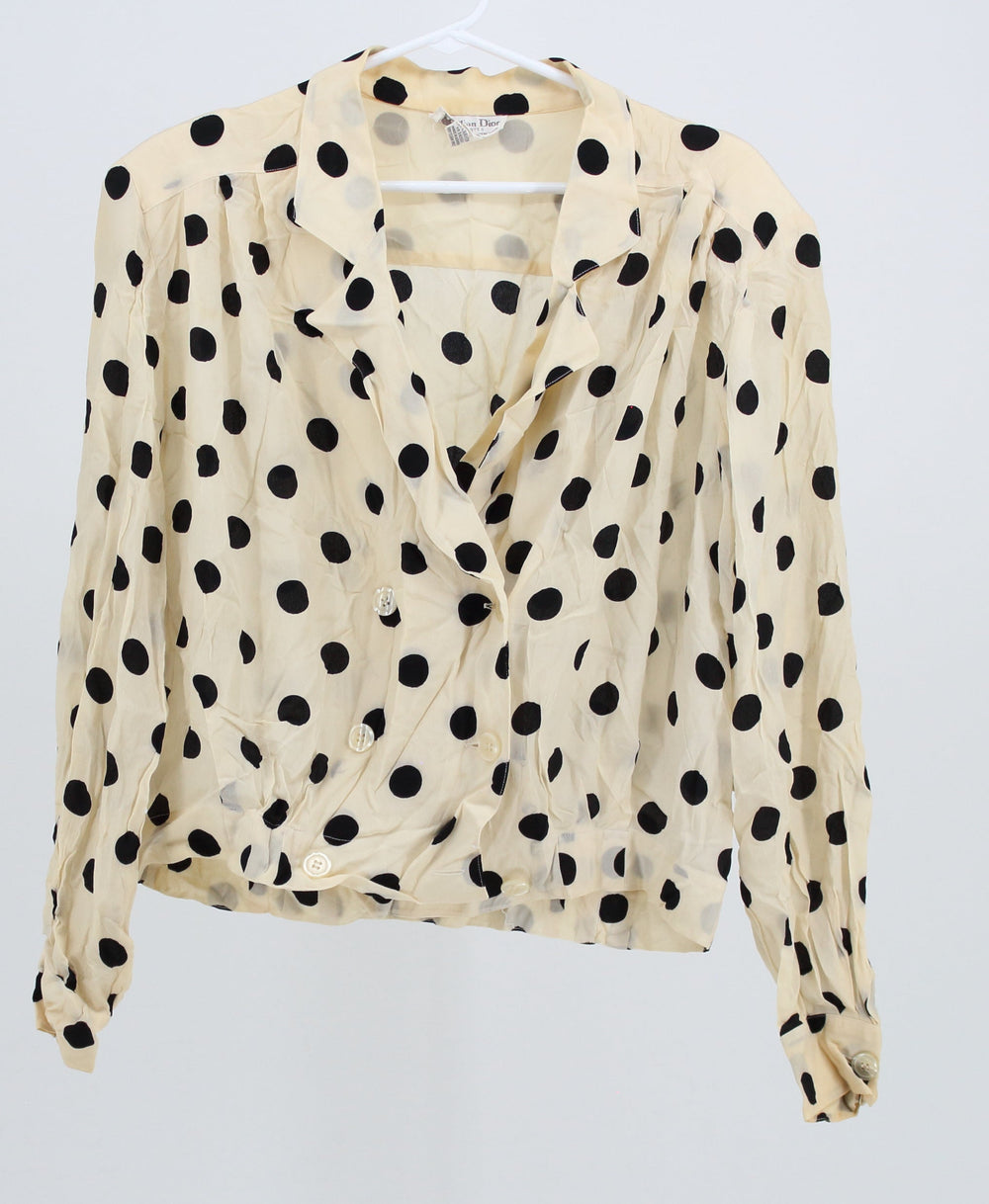 Christian Dior White with Black Polka Dot Deep V Neck Long Sleeve Shirt