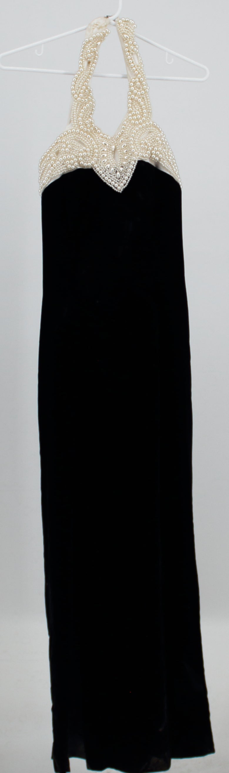 Dave & Johnny Long Black Vintage Velvet Dress with Pearl Neckline