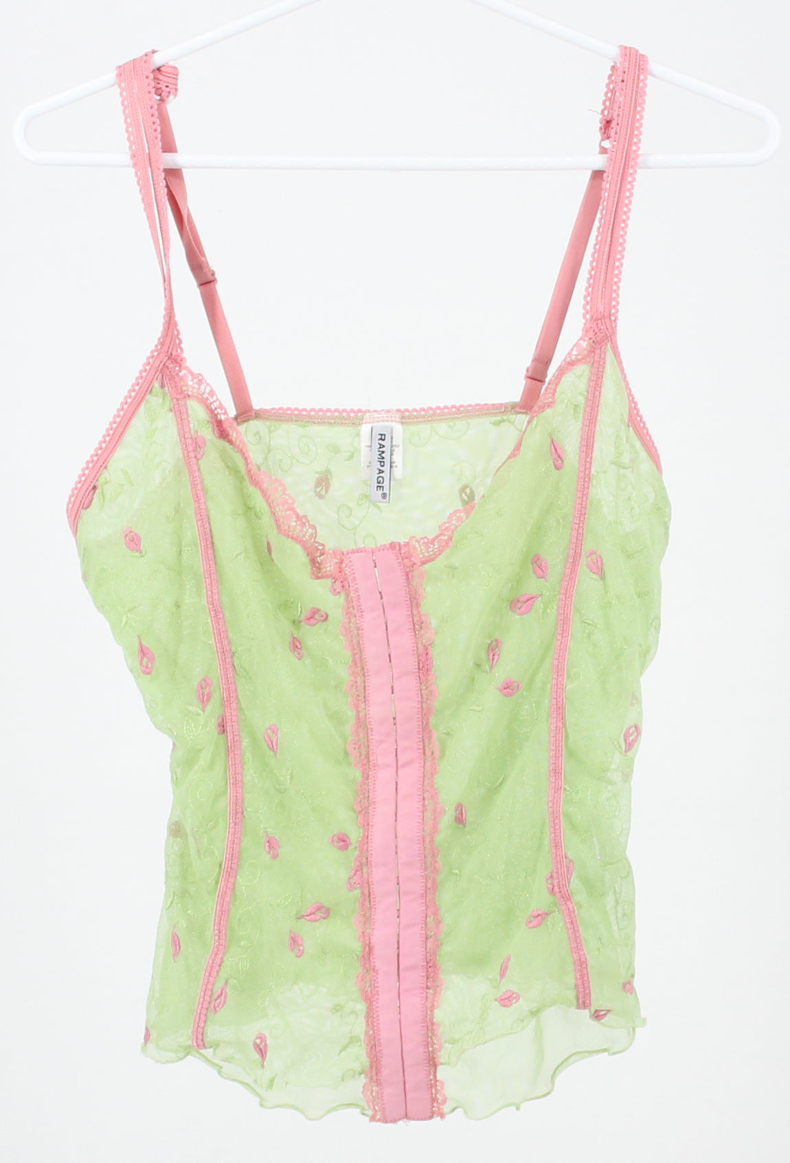 Rampage Green and Pink Floral Mesh Corset Style See-through Top