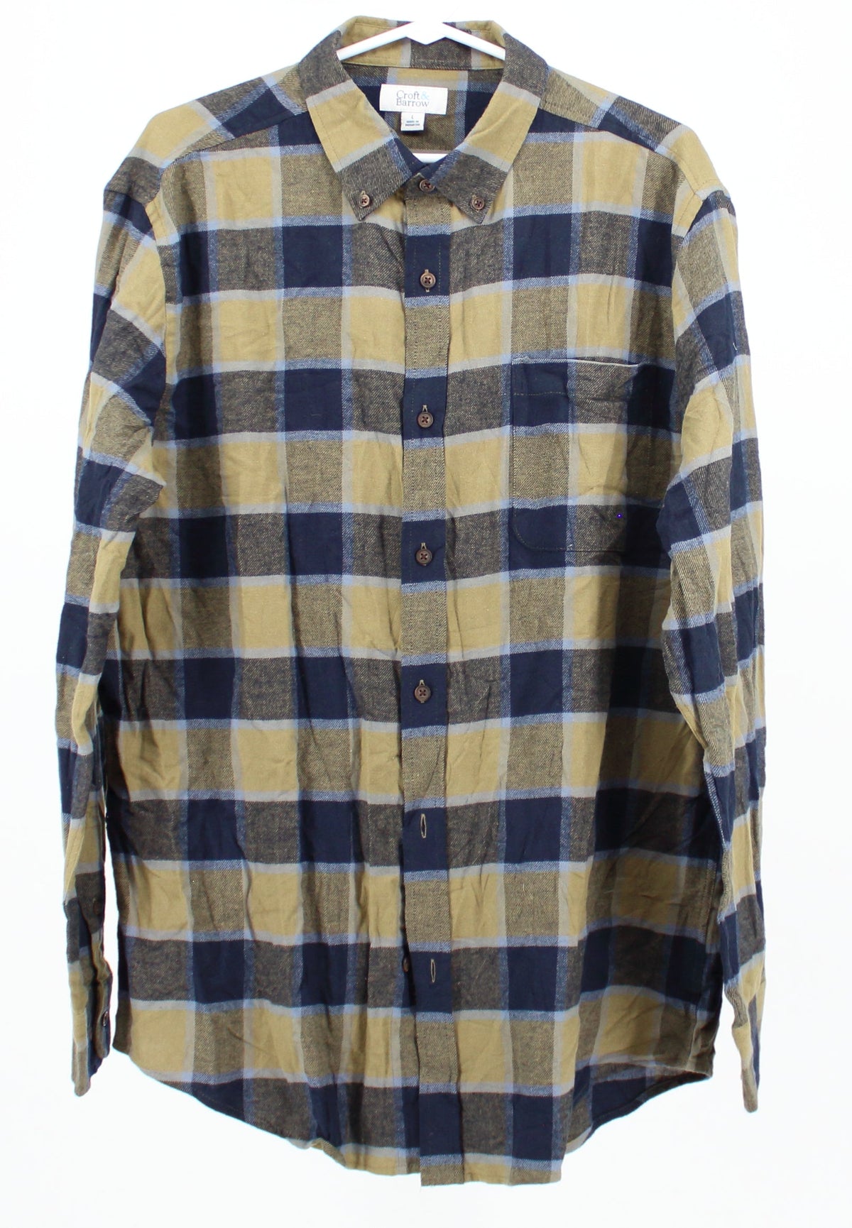 Croft and Barrow Navy Blue and Olive Green Plaid Print Flannel Shirt