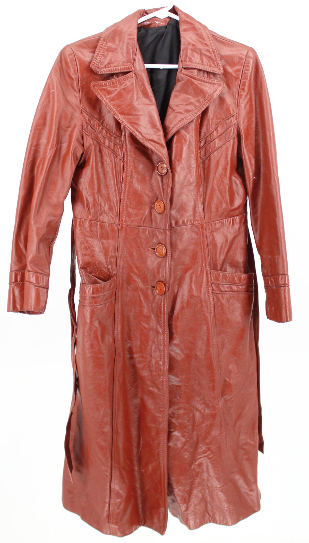 Brown Leather Trench Coat with Waist Band