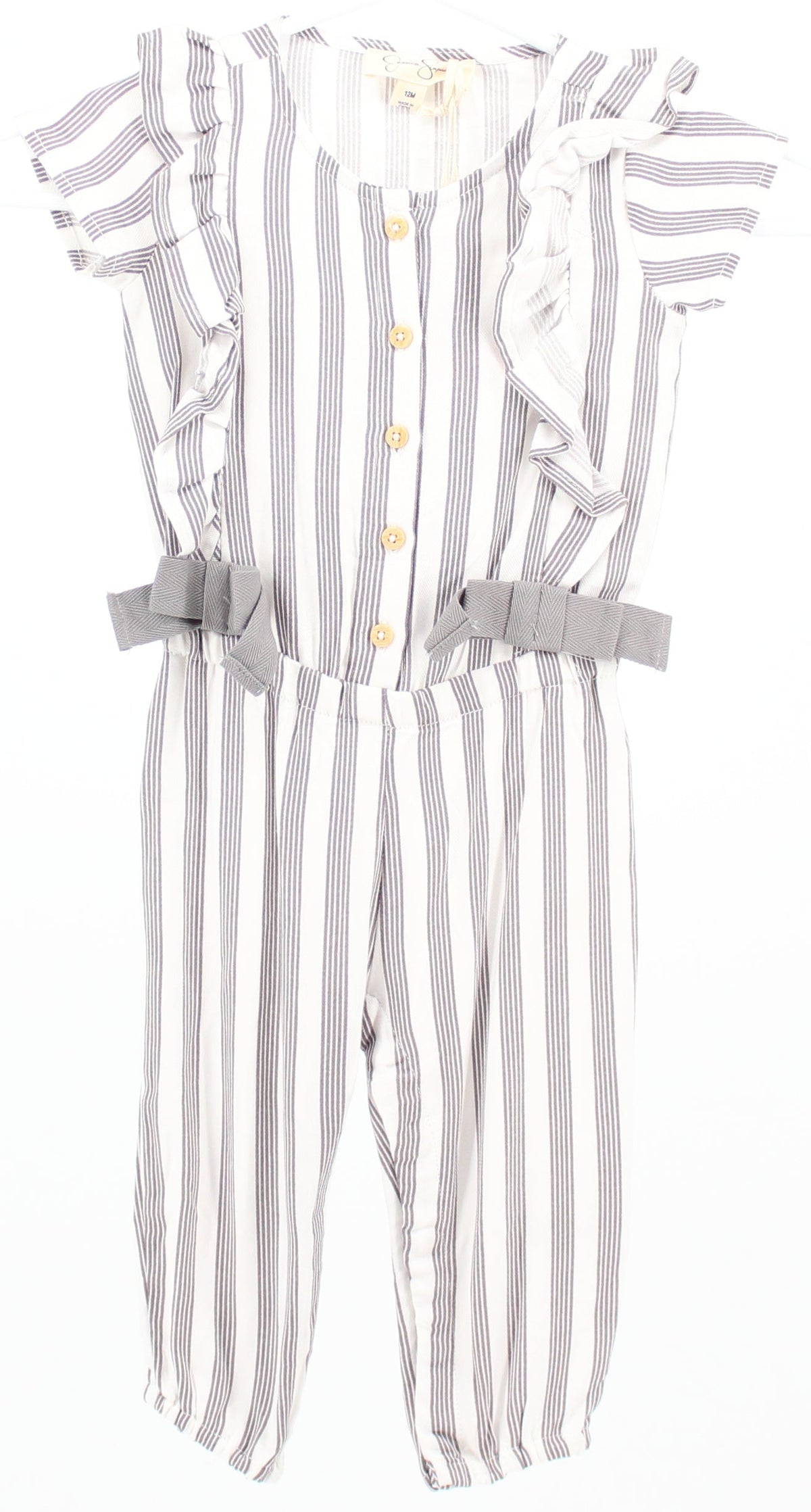 Jessica Simpson White and Grey Striped Ruffled Jumpsuit