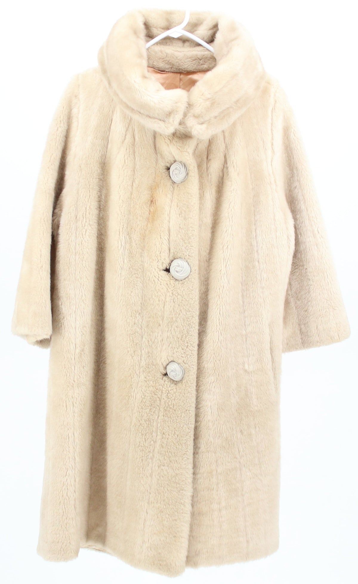 Striped Faux Fur Mid Beige Coat With Flower Buttons