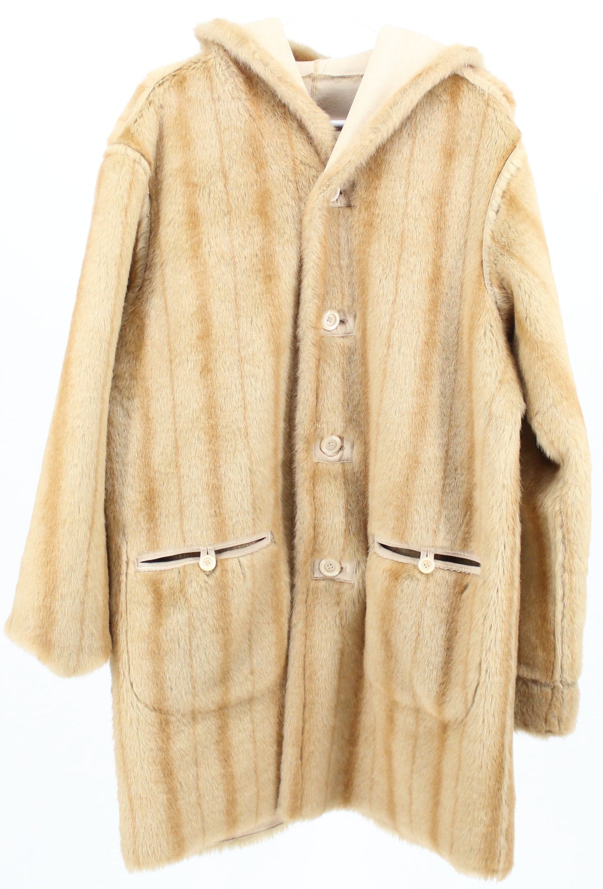Striped Dark and Light Beige Mid Faux Fur Coat With Hood