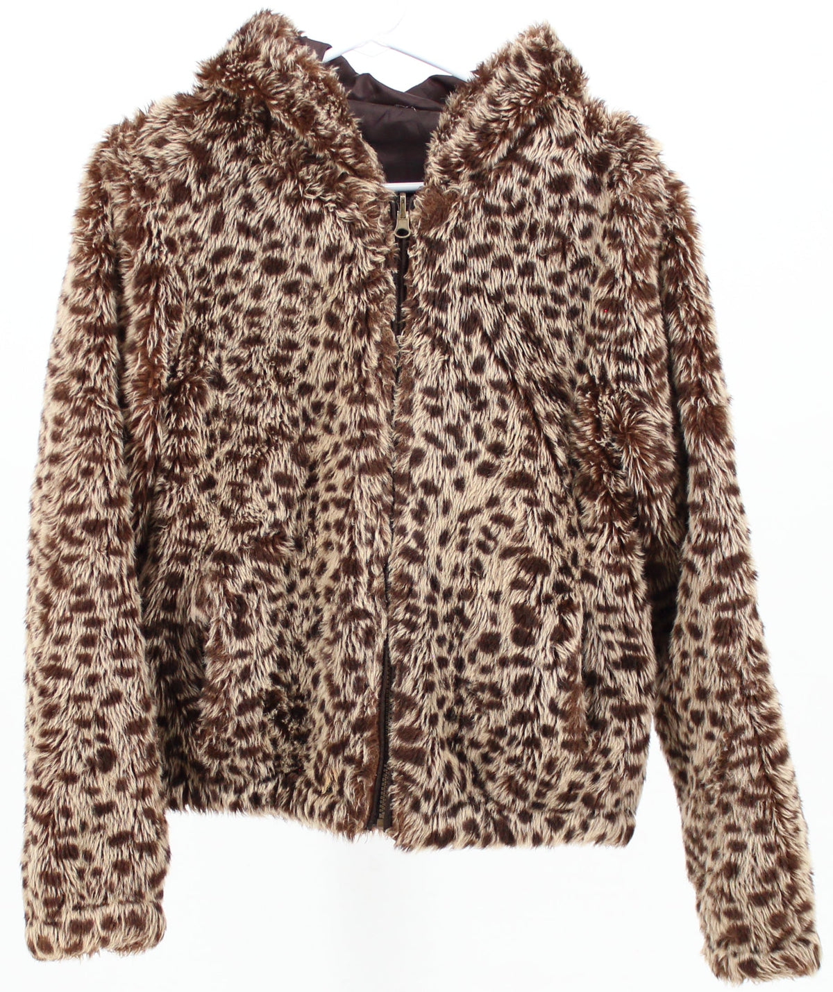 Cheetah Print Faux Fur Hooded Bomber Coat