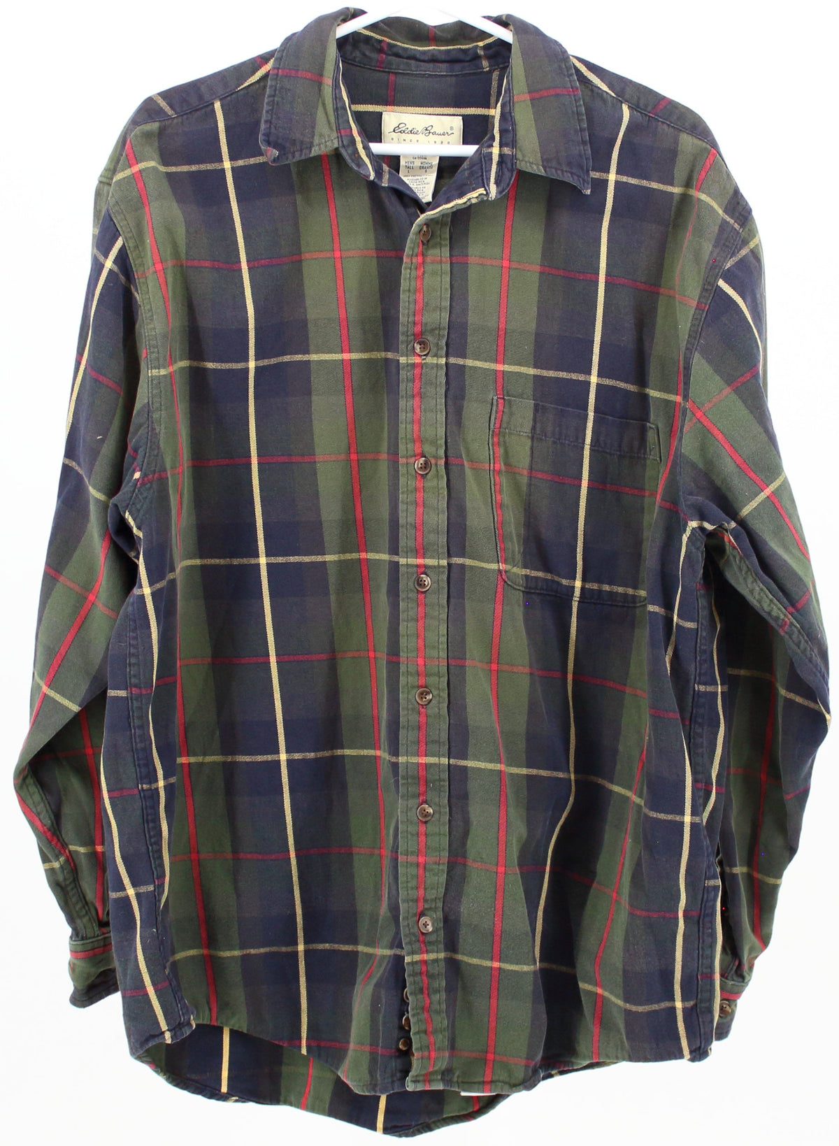 Eddie Bauer Green Navy Blue Red and Yellow Plaid Shirt