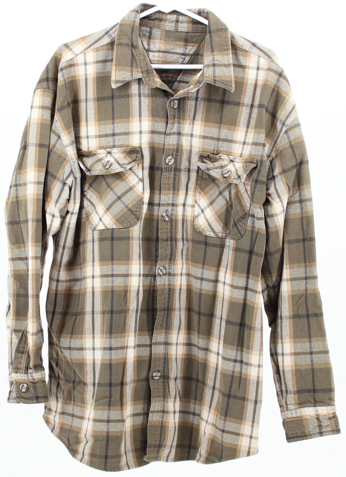 Military Green Off White and Ochre Plaid Long Sleeve Shirt