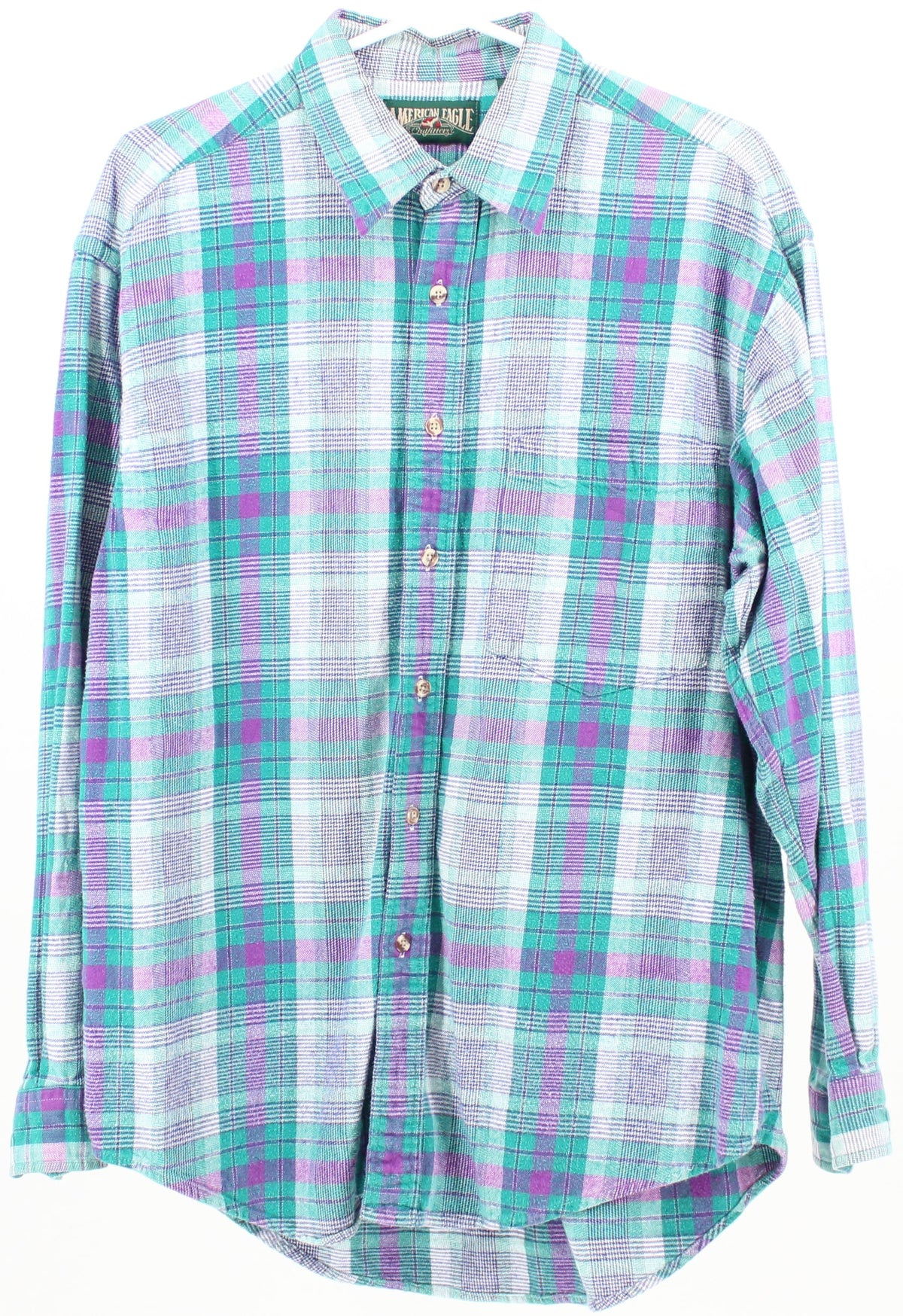 Vintage American Eagle Outfitters Green Purple and White Plaid Flannel Shirt