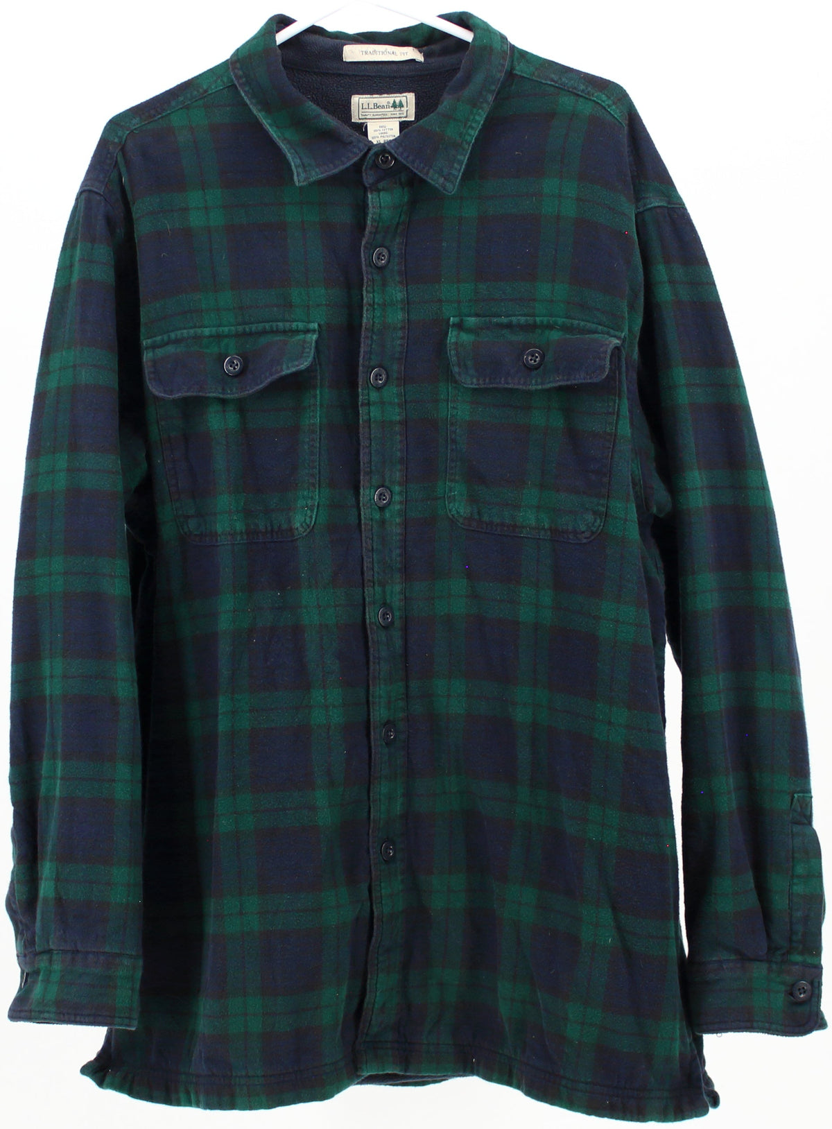 L.L.Bean Navy Blue and Green Plaid Flannel Shirt With Faux Sherpa Lining