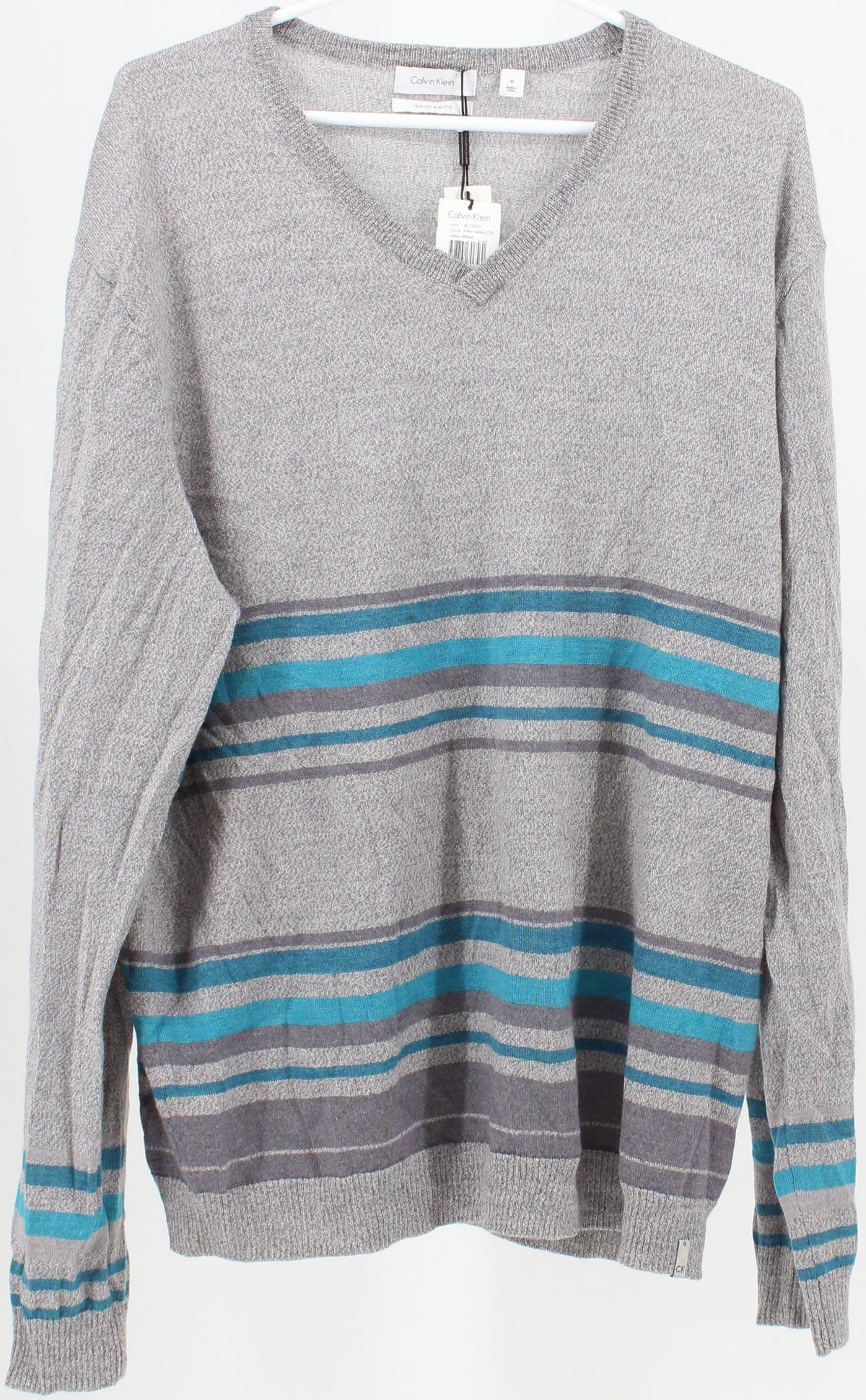 Calvin Klein Grey and Blue Striped V Neck Sweater